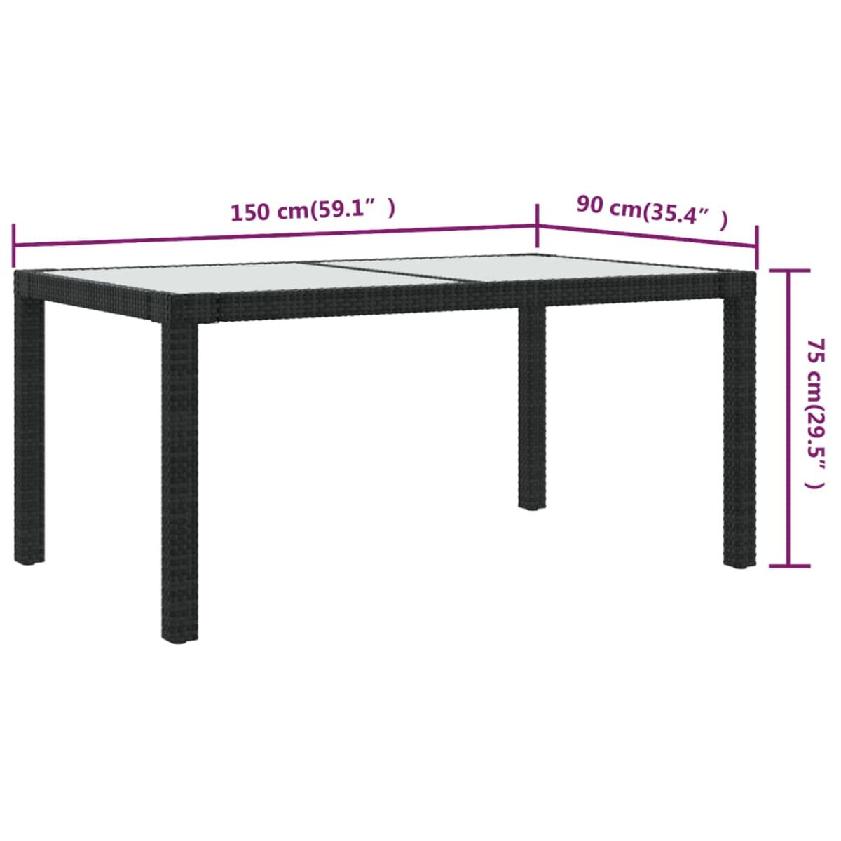 Schwarzer Rattantisch mit den Maßen: 150x90x75 cm. Weißer Hintergrund.