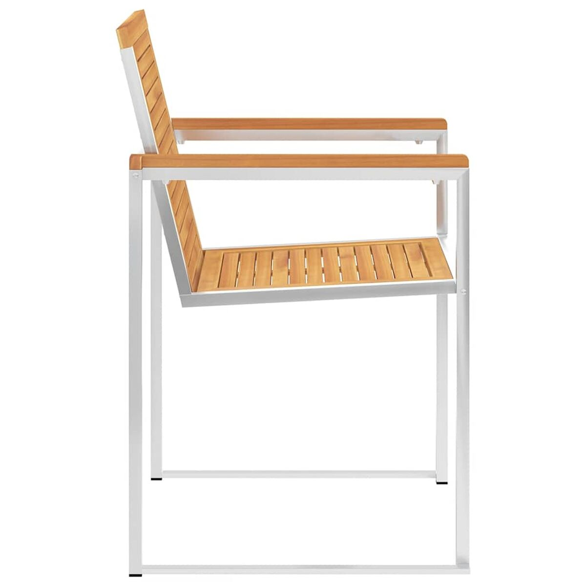 Seitenansicht eines Holzstuhls mit weißem Metallrahmen. Sitz und Rückenlehne bestehen aus Holzlatten.