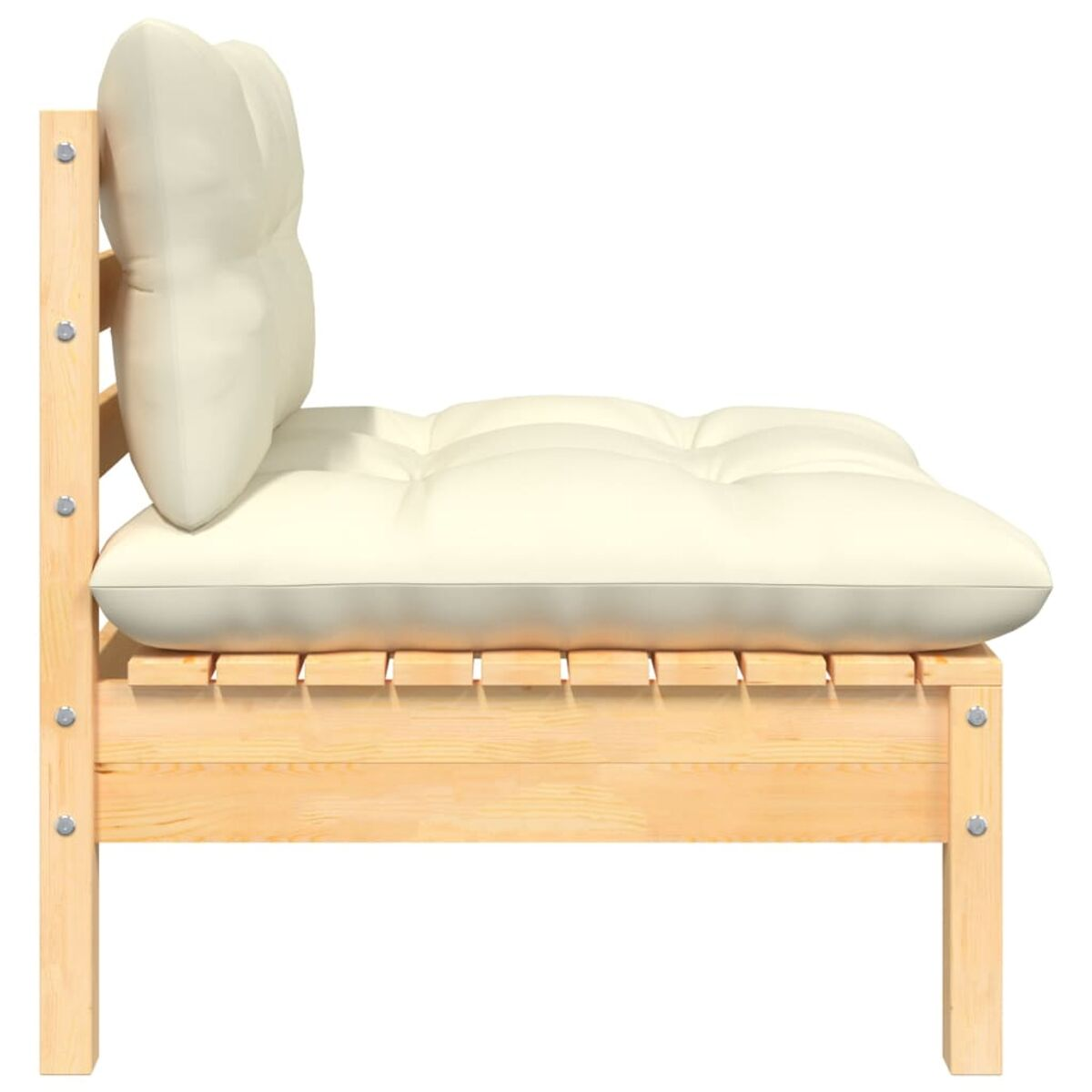 Seitenansicht eines Holz-Futonrahmens mit cremefarbenem Kissen und Polster.