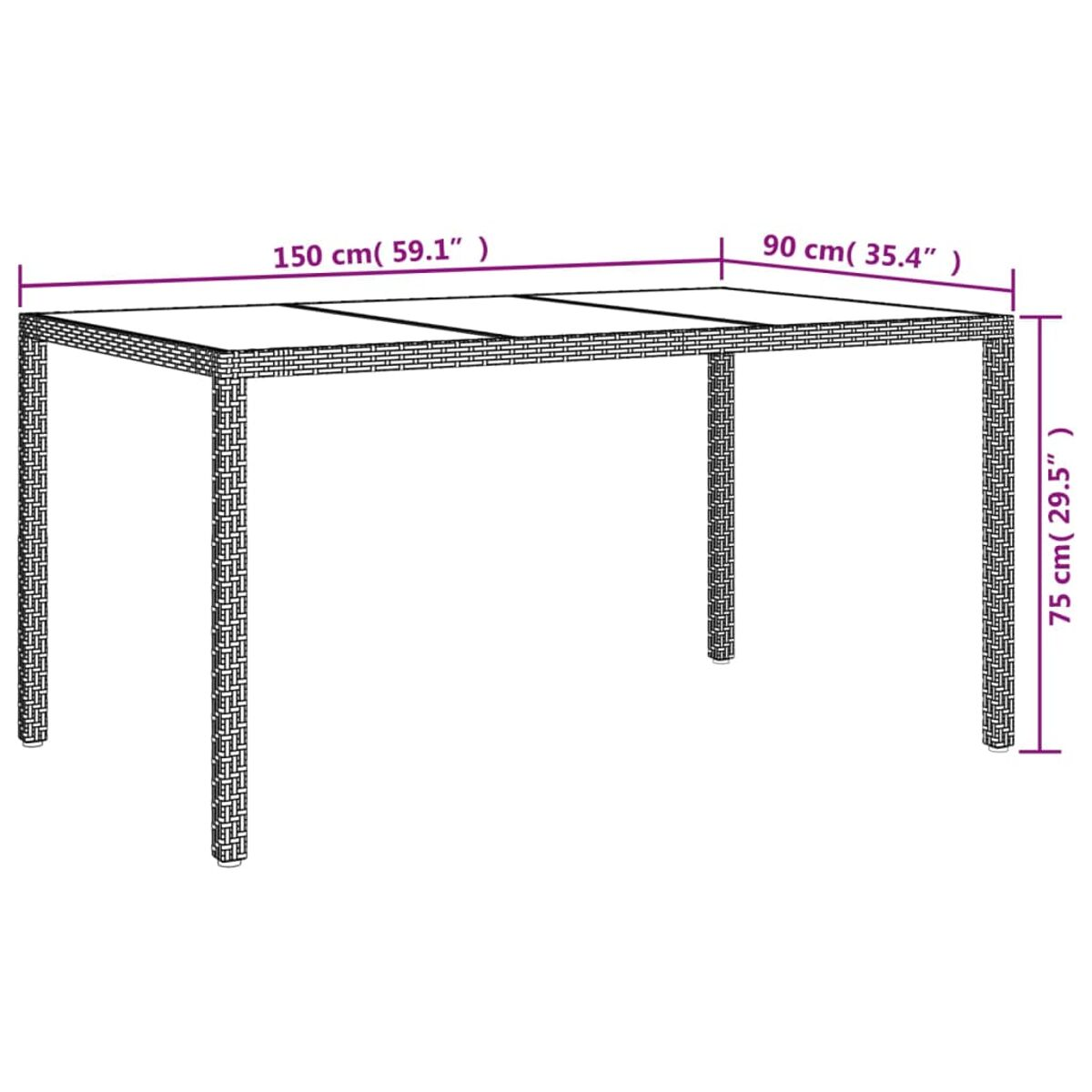 Rattantisch mit den Maßen: 150x90x75 cm.