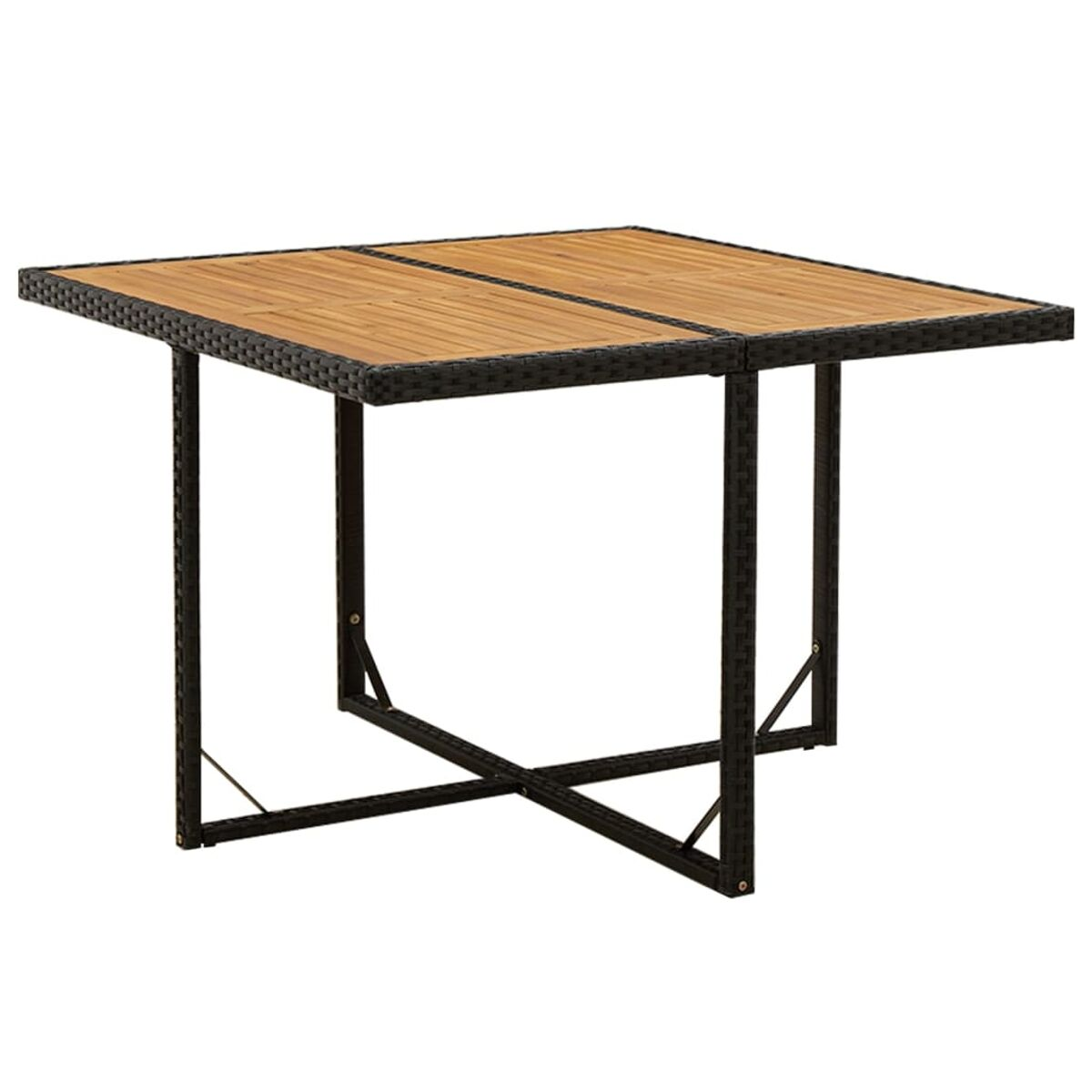 Ein quadratischer Holztisch mit schwarzem Metallrahmen und -fuß.