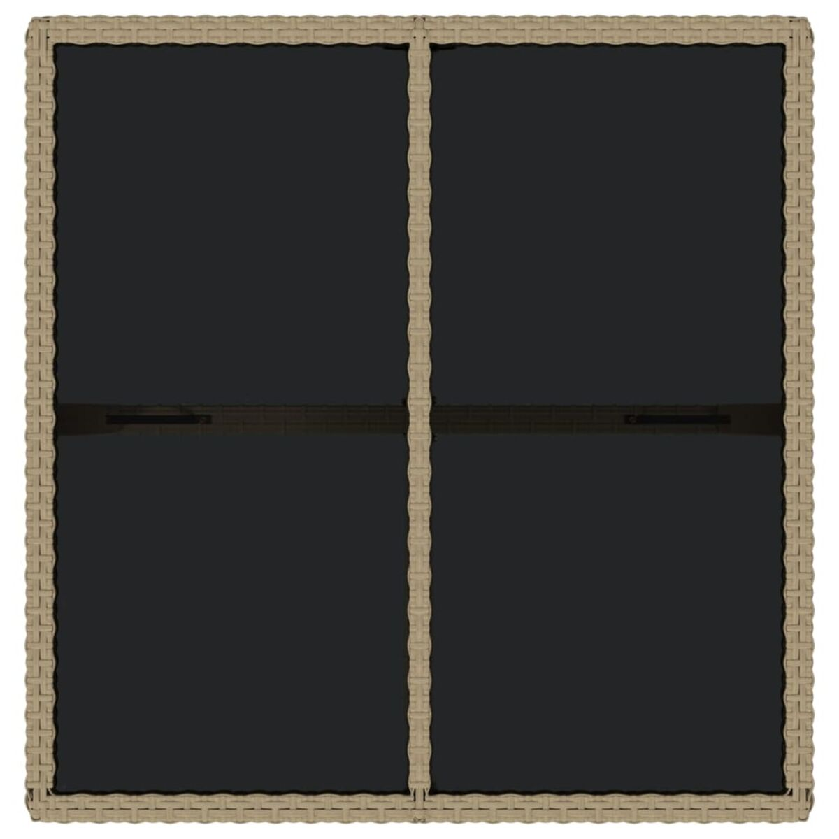 Ein quadratischer Tisch mit gewebtem Rand und einer dunklen Oberfläche, wahrscheinlich Glas, auf weißem Hintergrund.