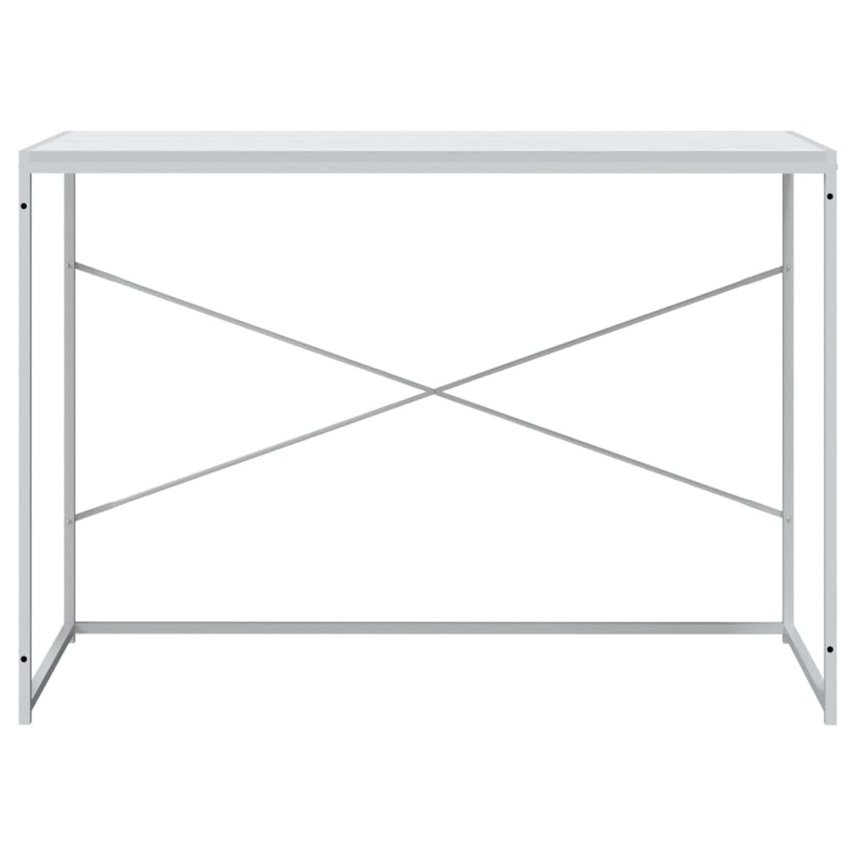 Weißer Metallschreibtisch, schlichtes Design. Kreuzbeine. Weißer Hintergrund.