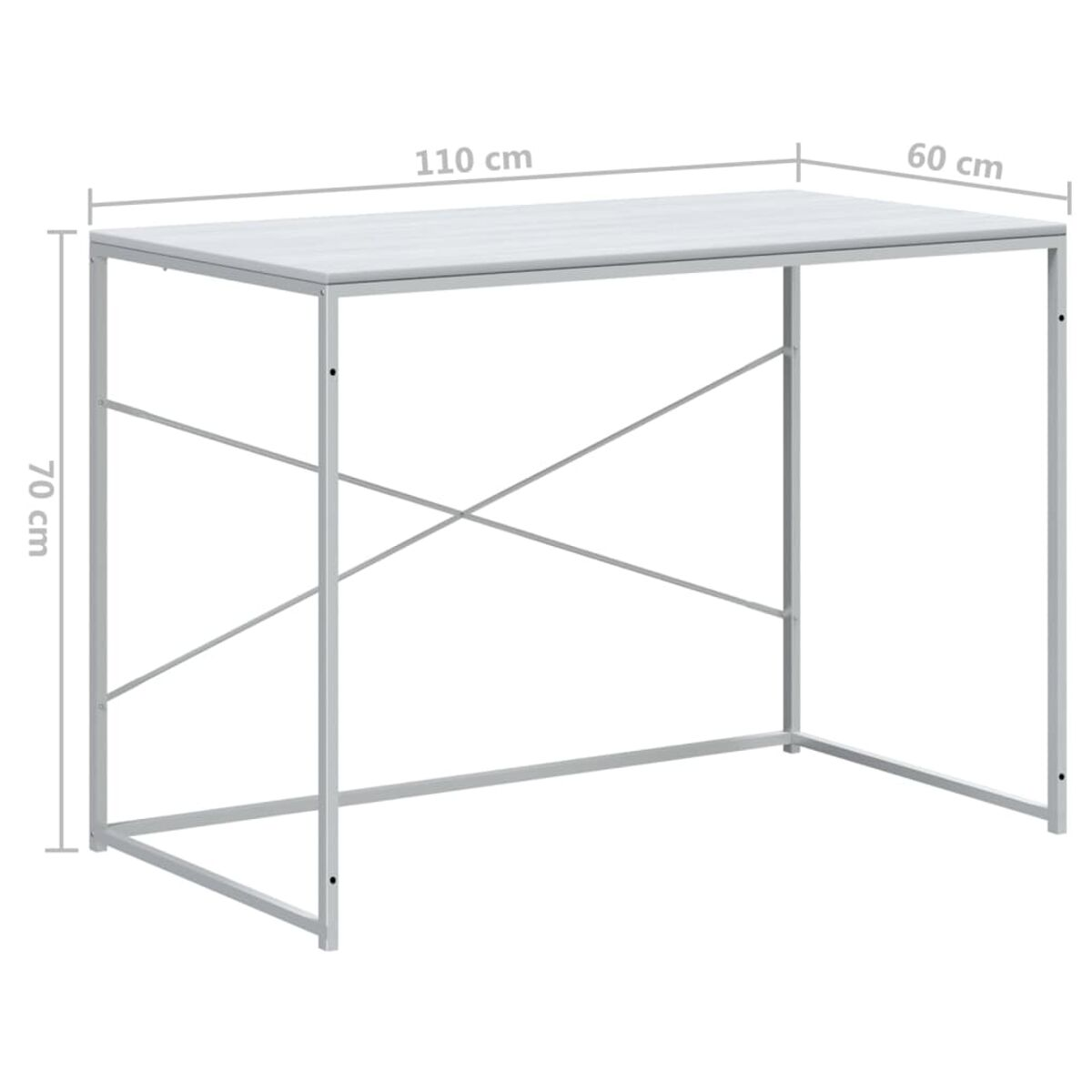 Weißer Schreibtisch mit grauem Oberteil und Metallbeinen, Maße markiert, vor Weiß.
