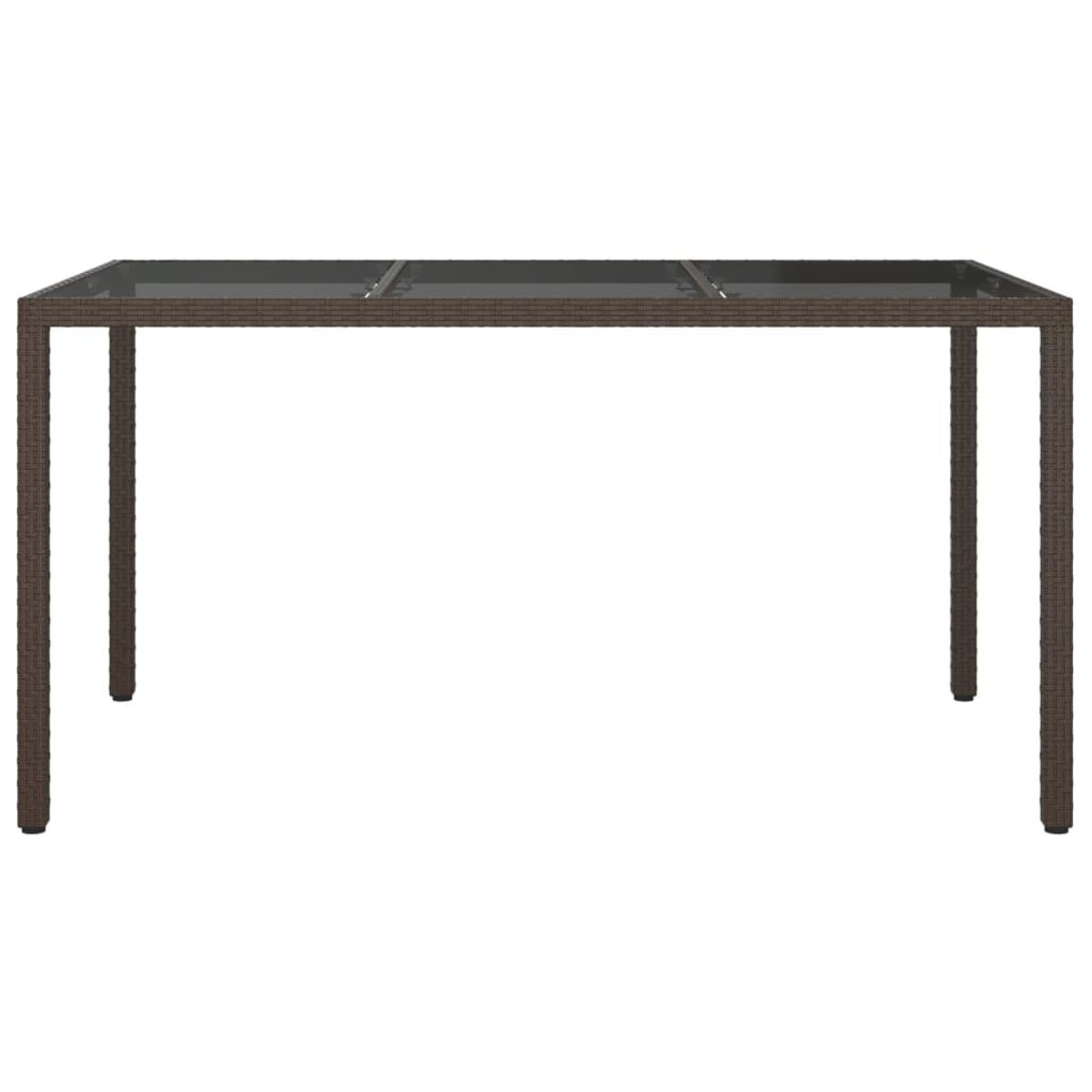 Ein rechteckiger Tisch mit dunkelbrauner Rattan-Oberfläche. Weißer Hintergrund.