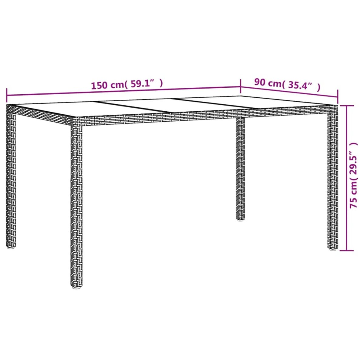 Rechteckiger Rattantisch. Maße: 150 cm x 90 cm (59,1" x 35,4"), 75 cm hoch.