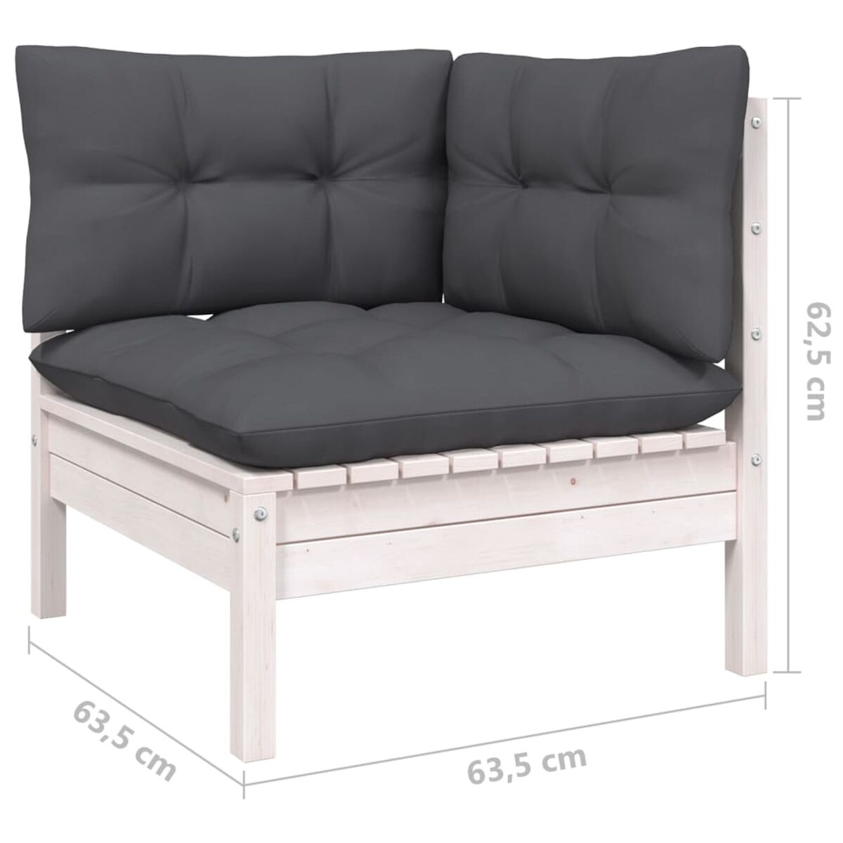 Weißes Ecksofa mit grauen Kissen und Maßen. Die Kissen sind quadratisch und getuftet.