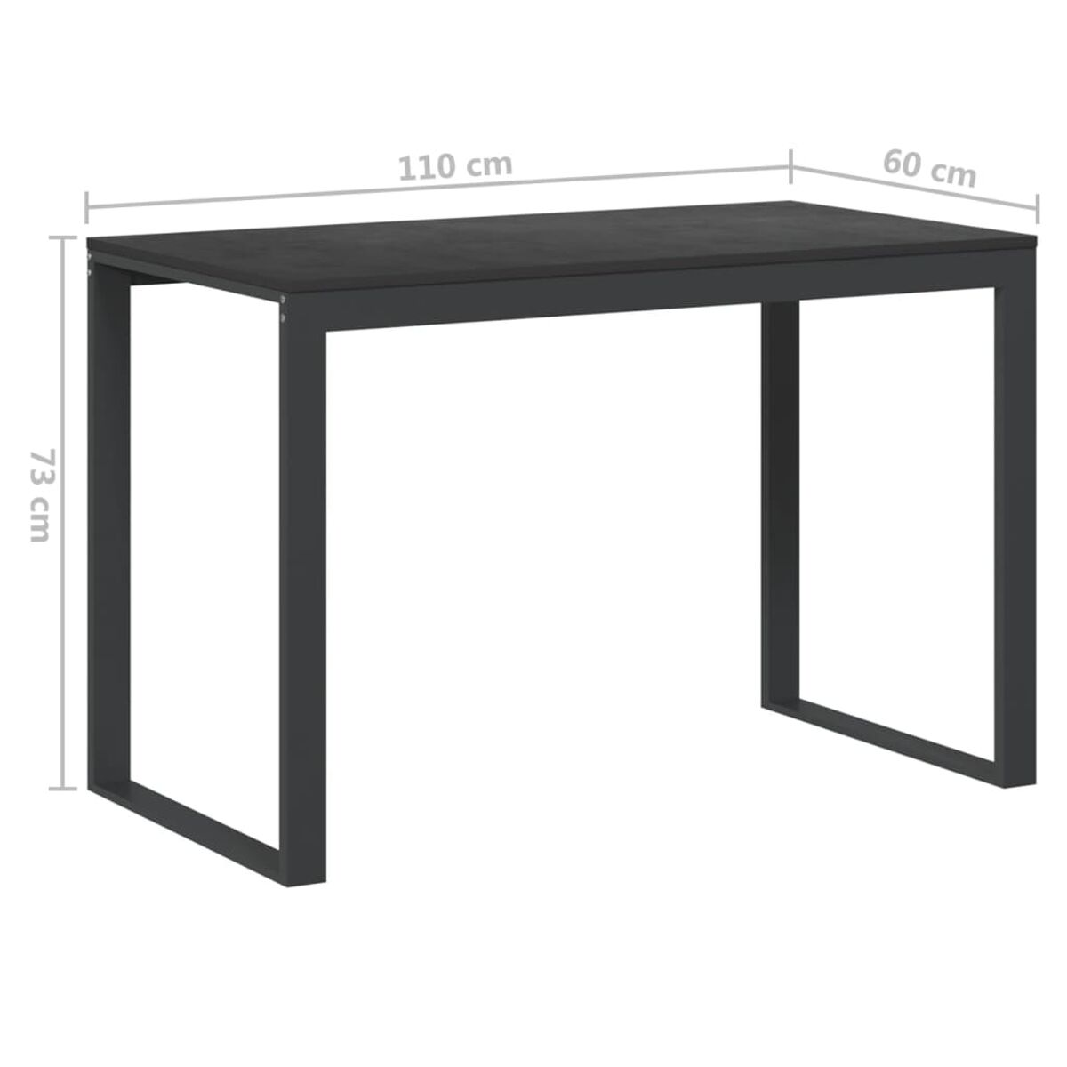 Ein schwarzer Tisch mit den Maßen: 110 cm lang, 60 cm breit und 73 cm hoch.