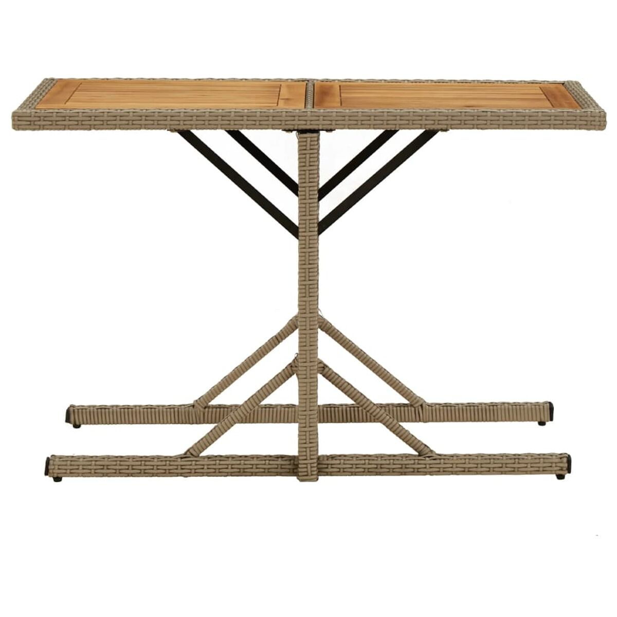 Ein kleiner Tisch mit einer hellbraunen Holzplatte und einem korbähnlichen Untergestell.