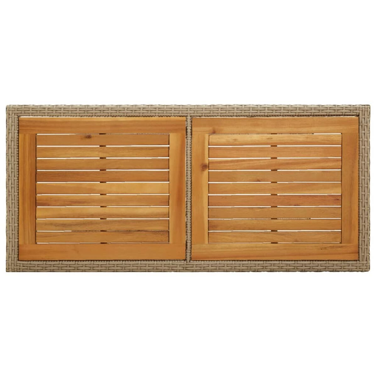 Eine rechteckige Tischplatte aus Holz mit zwei Abschnitten und einem gewebten Rahmen.