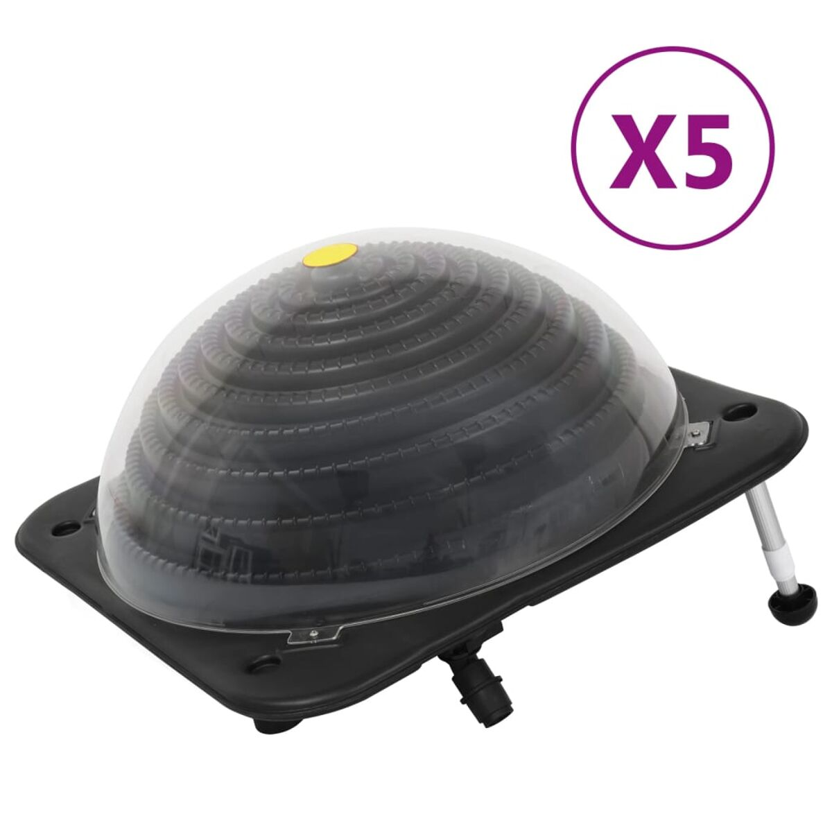 Solar-Kuppel-Poolheizung. Schwarze Basis mit transparentem Dom und dem Wort "X5" im Kreis.