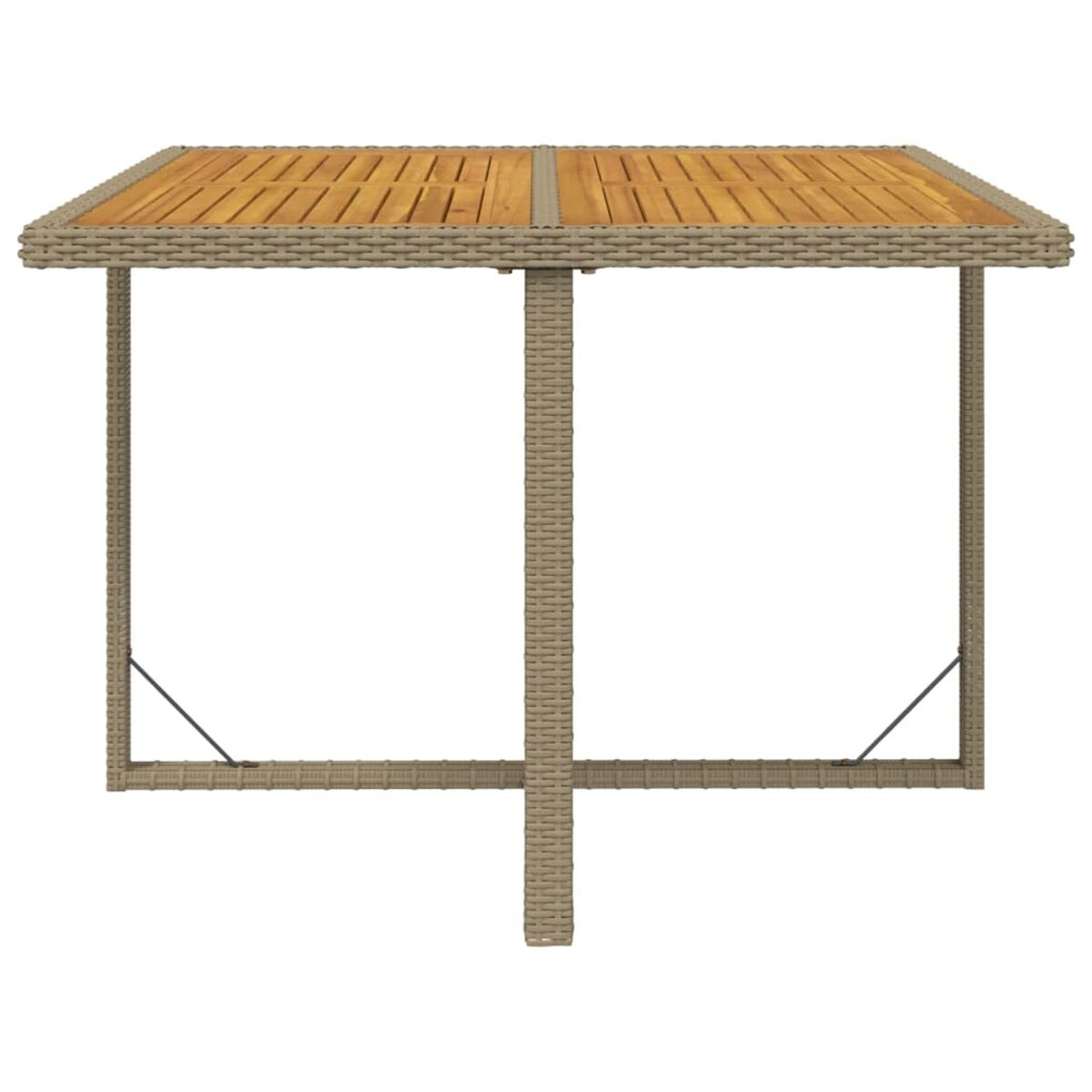 Bartisch im Freien mit Holzlattenplatte und beigefarbenem Webrahmen. Zwei Stützbeine.