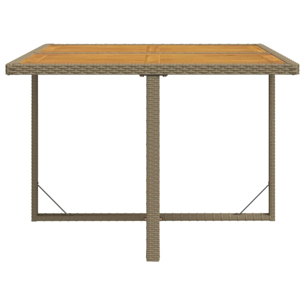 Quadratischer Gartentisch mit Tischplatte und Beinen im Rattan-Stil. Braun und Beige. Klares Design.