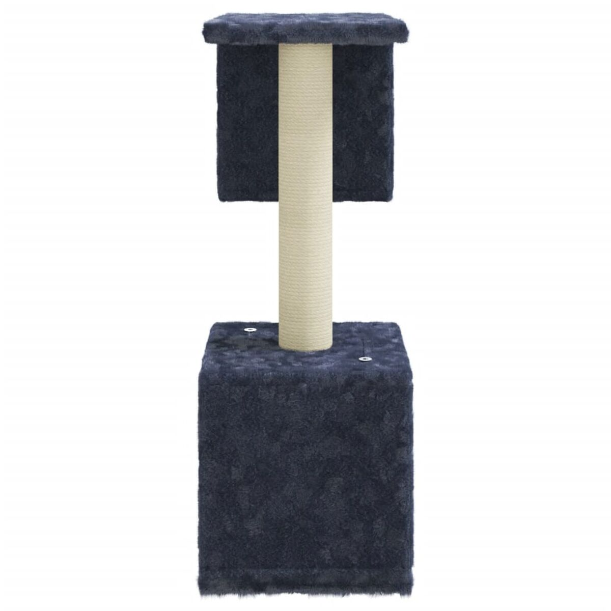 Katzenbaum mit marineblauen Plüschoberflächen. Mit Kratzbaum und Plattformen.