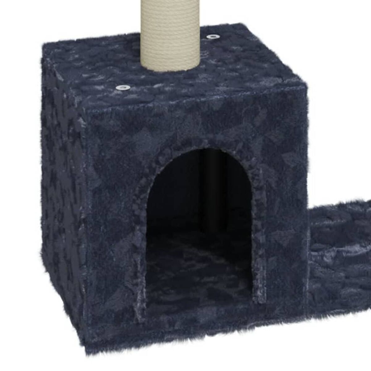Dunkelblauer Katzenbaum mit Höhle, Plattform und Kratzbaum.