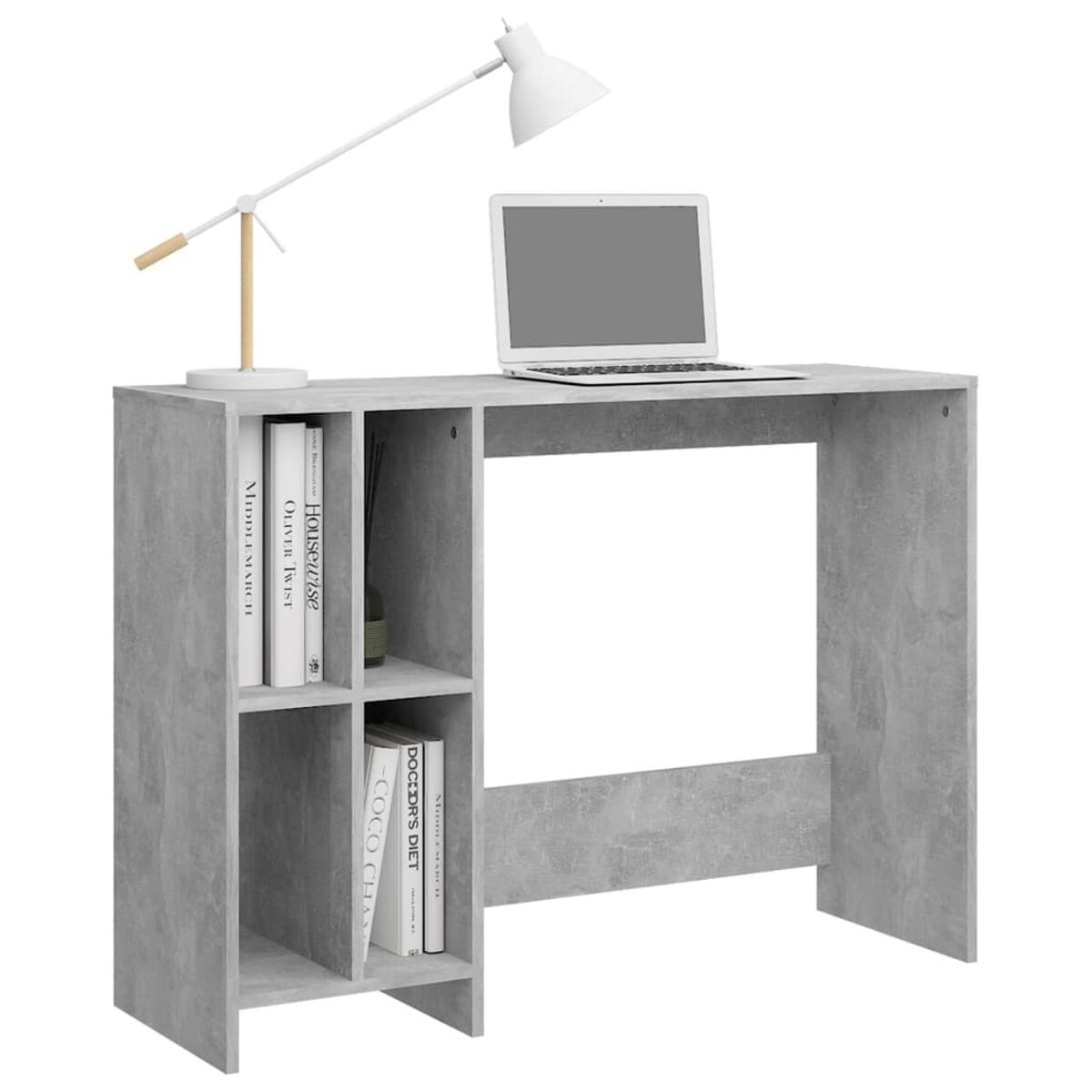 Grauer Schreibtisch mit Bücherregal, Lampe, Büchern und Laptop.