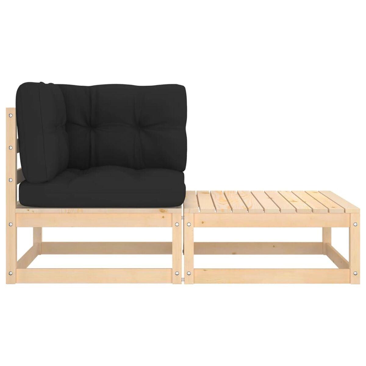 Holzbank mit schwarzen Kissen.