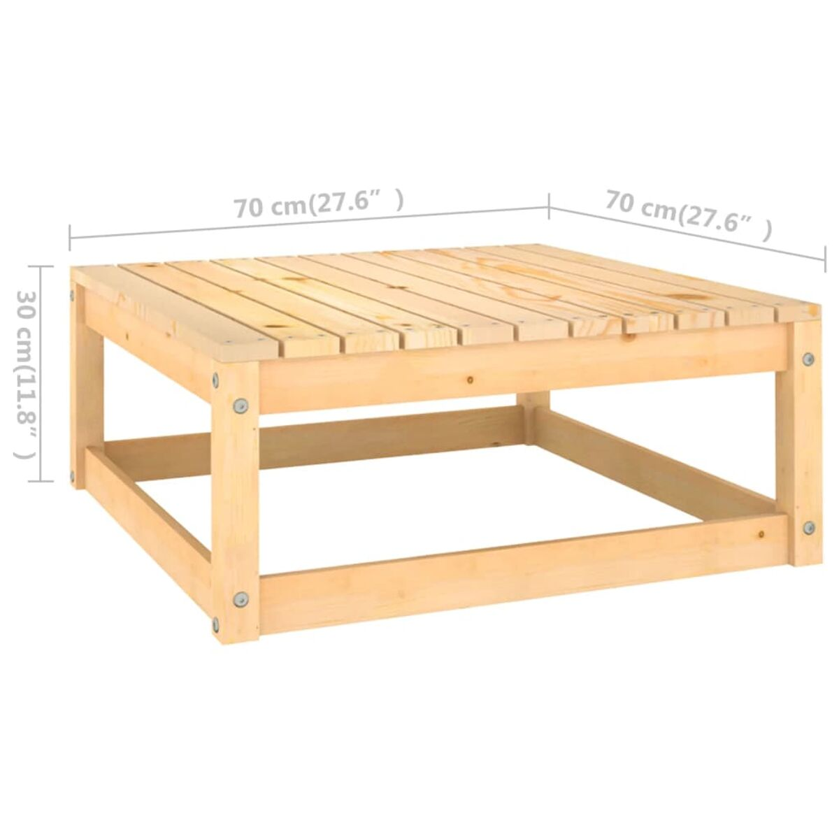 Quadratischer Holztisch. Der Tisch hat einen rechteckigen Rahmen. Braunes Holz und einfaches Design.