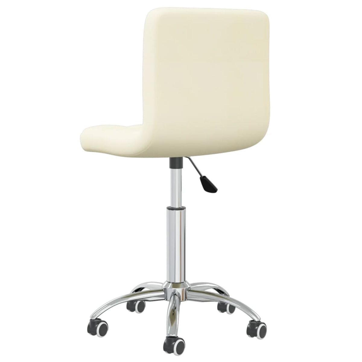 Ein cremefarbener Bürostuhl von hinten gesehen.