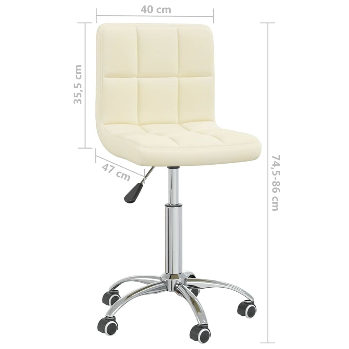 Ein cremefarbener Bürostuhl mit gepolstertem Sitz. Er hat ein Chromgestell und Räder.