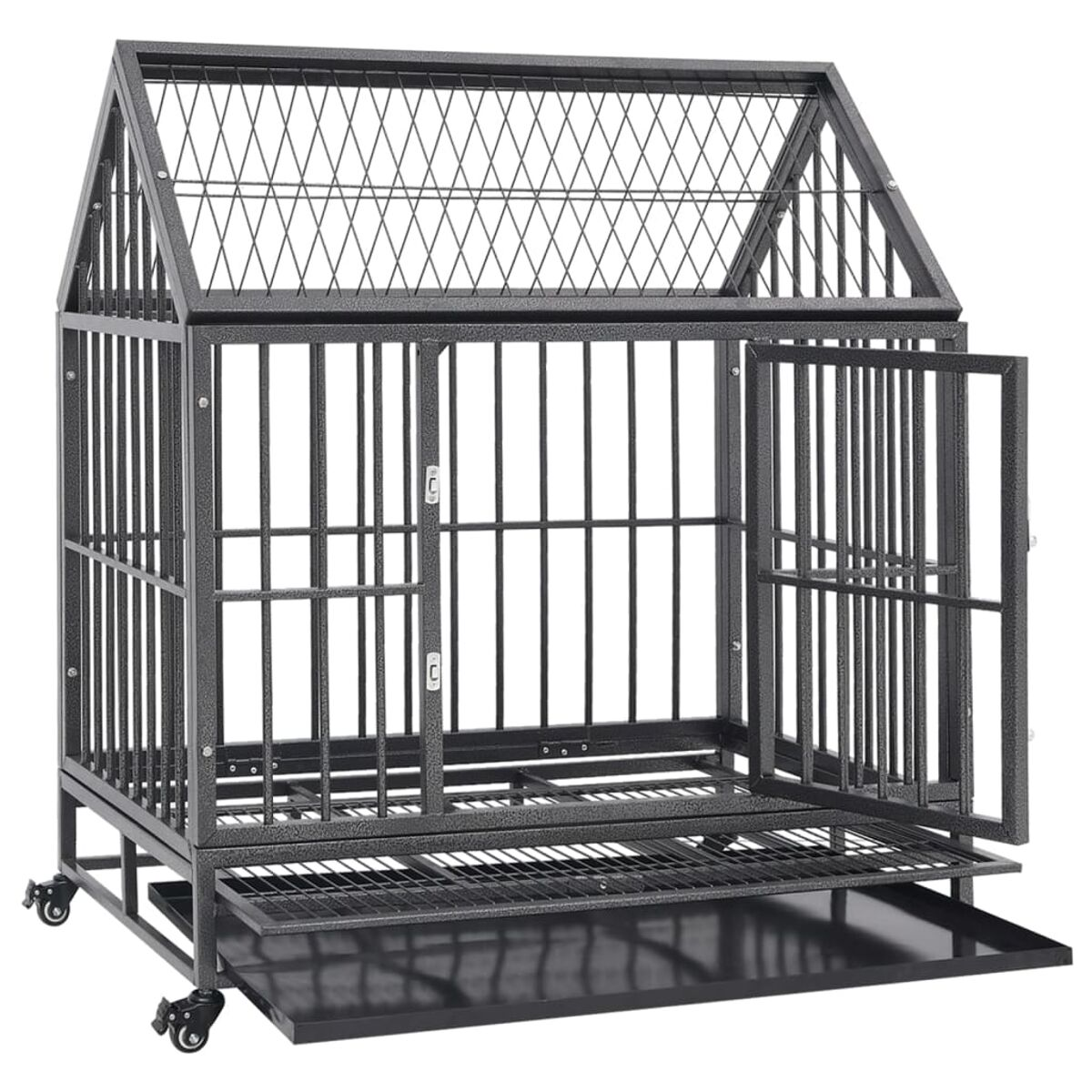 Metall-Hundekäfig mit offener Tür. Schwarz, auf Rädern. Offene Oberseite. Weißer Hintergrund.