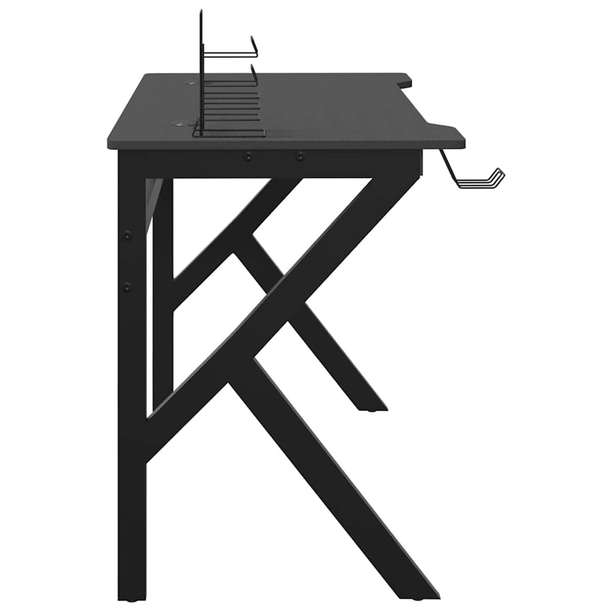 Schwarzer Gaming-Schreibtisch, Seitenansicht. Mit Monitorständer und Headset-Halterung.