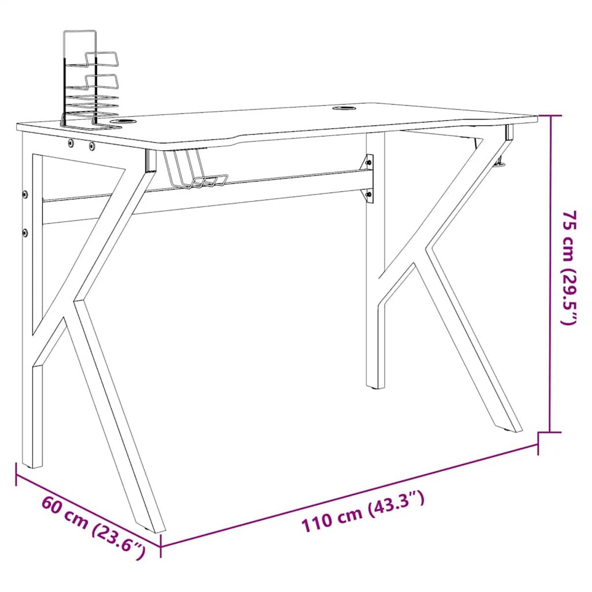 Schreibtisch mit Metallbeinen. Enthält einen Papierorganizer. Abmessungen sind in cm und Zoll angegeben.