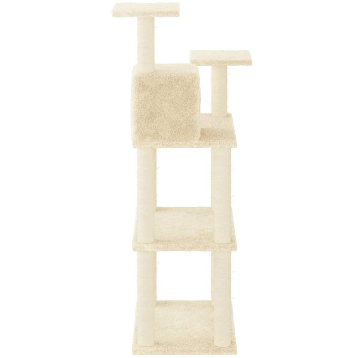 Katzenbaum mit mehreren Ebenen. Beige Farbe. Plattformen, Pfosten und eine würfelförmige Struktur.