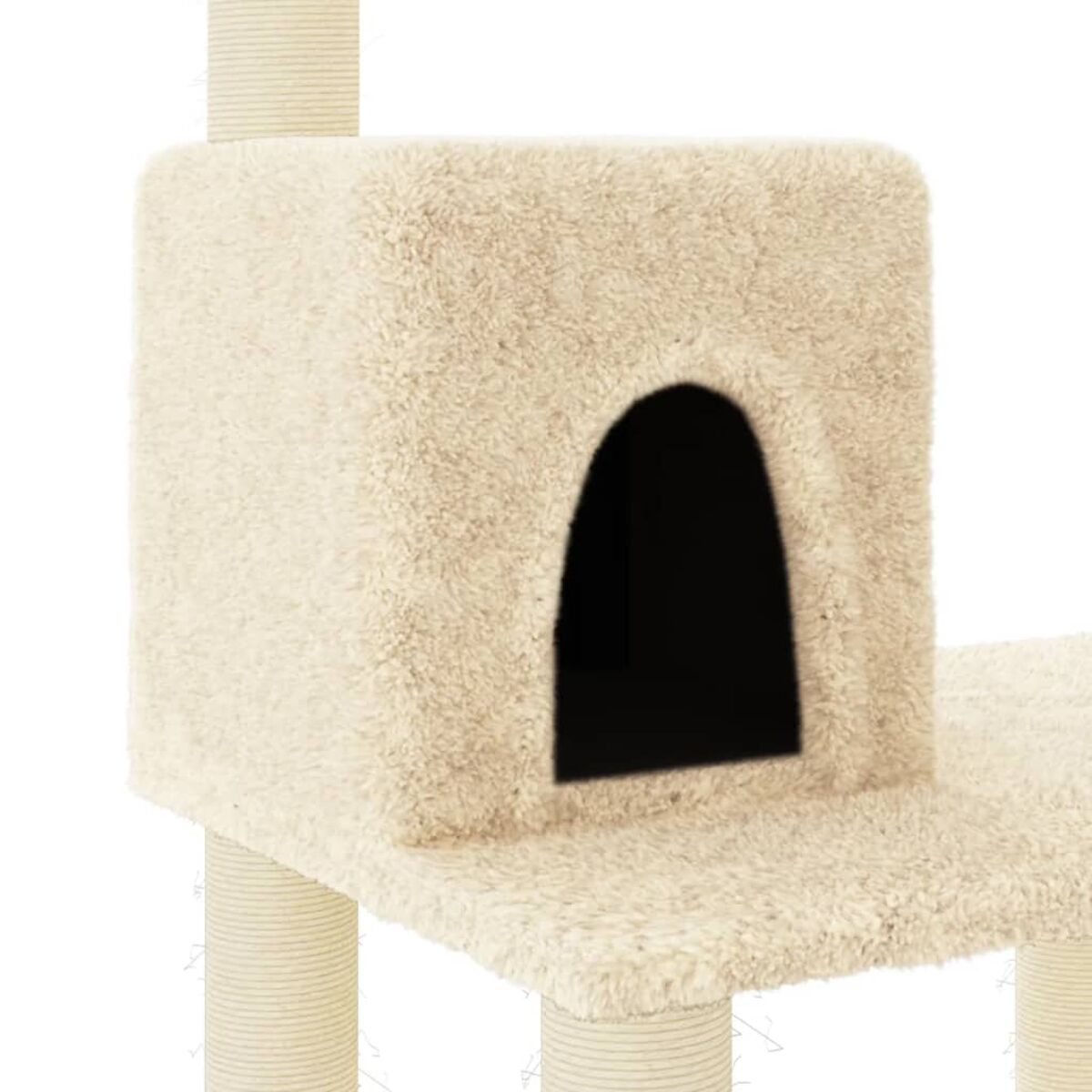 Katzenbaumhaus mit beigem Äußeren und einem schwarzen lochförmigen Eingang.