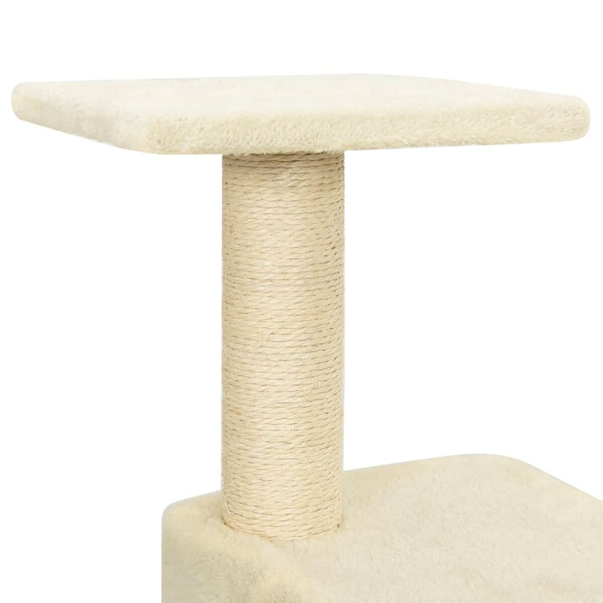 Katzenbaum, beige. Hoher Pfosten mit Sisalseil, obere quadratische Plattform. Weißer Hintergrund.