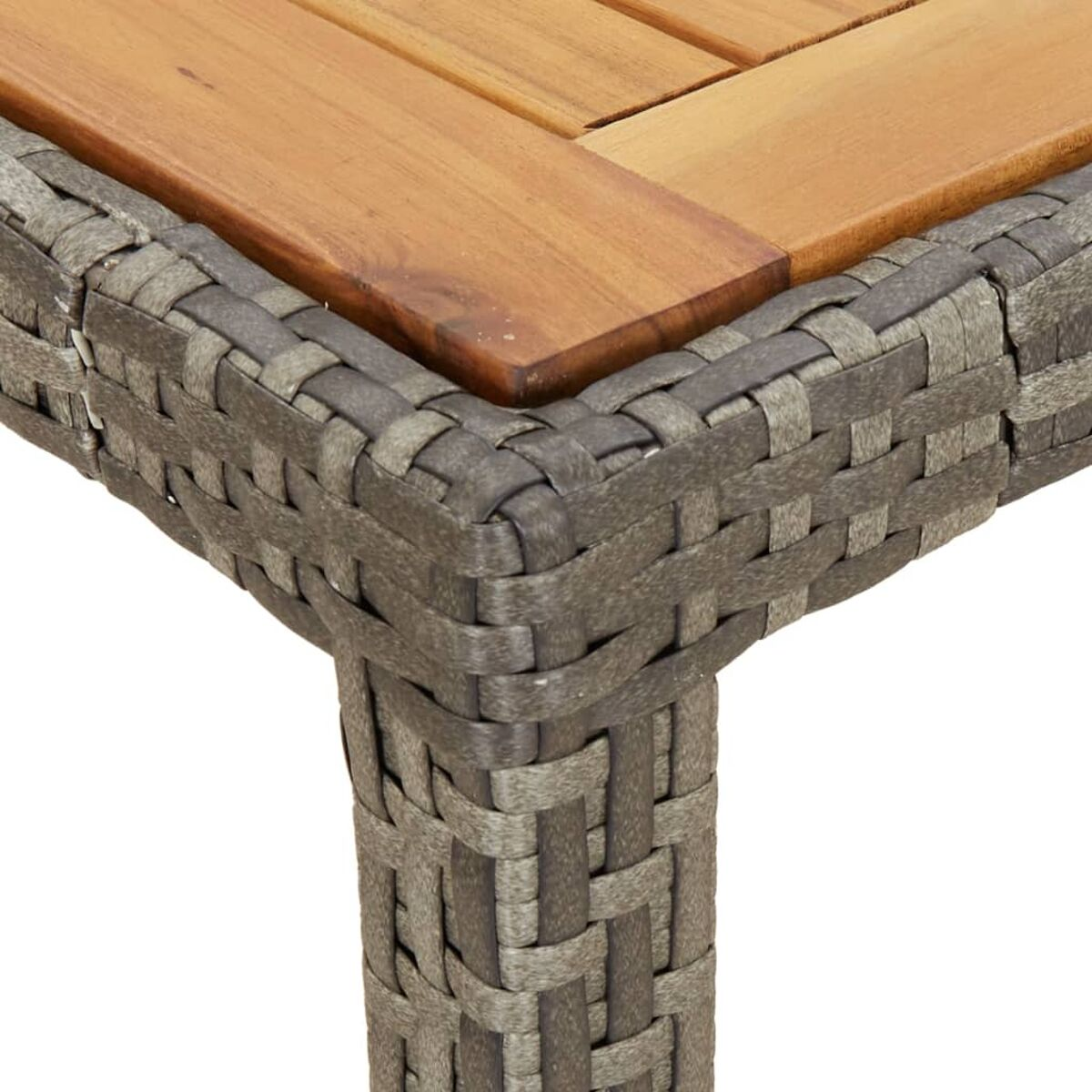 Nahaufnahme einer Tischkante mit gewebten grauen Seiten und Holzplatte.