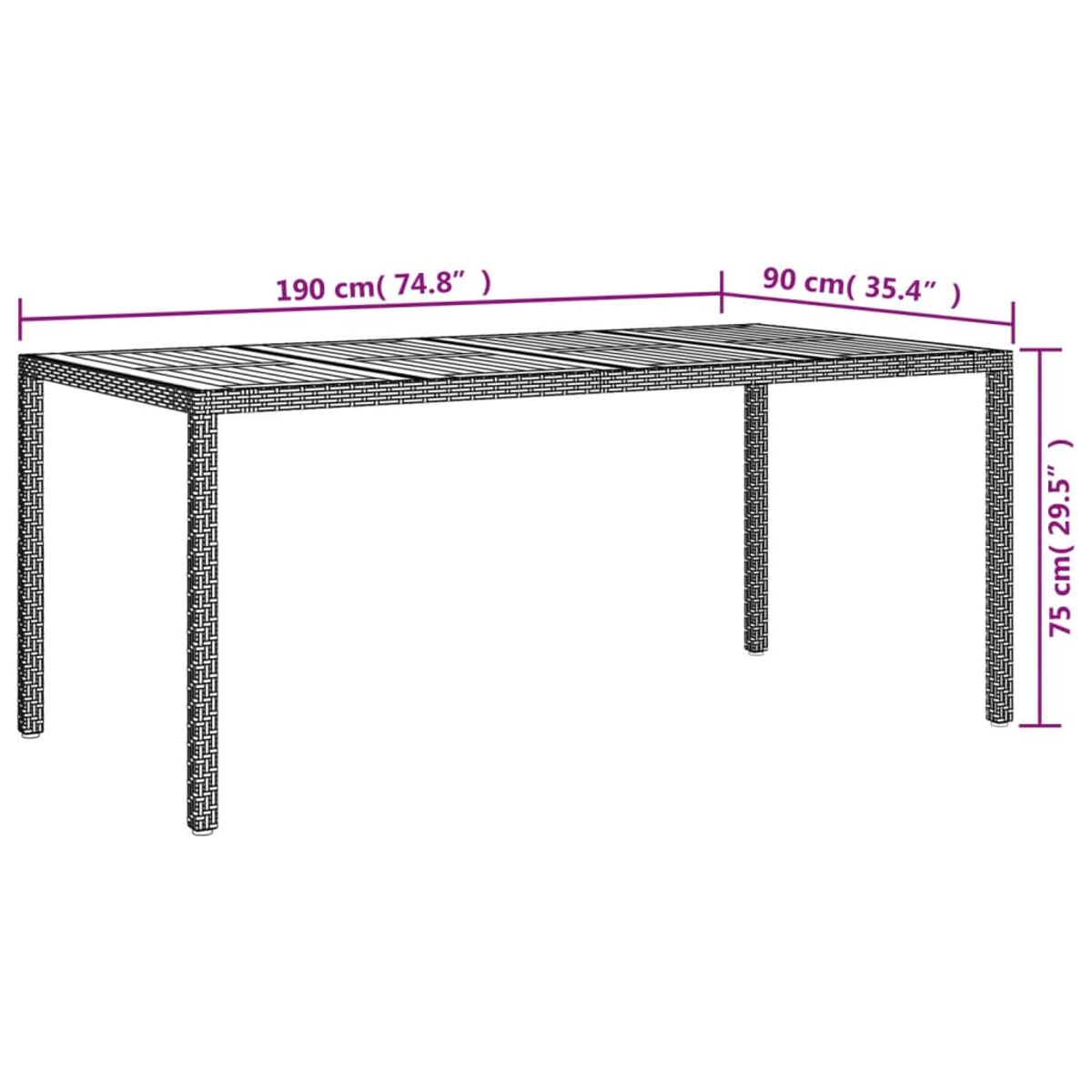 Holztisch mit Lattenrost-Oberfläche und Beinen. Maße in cm.