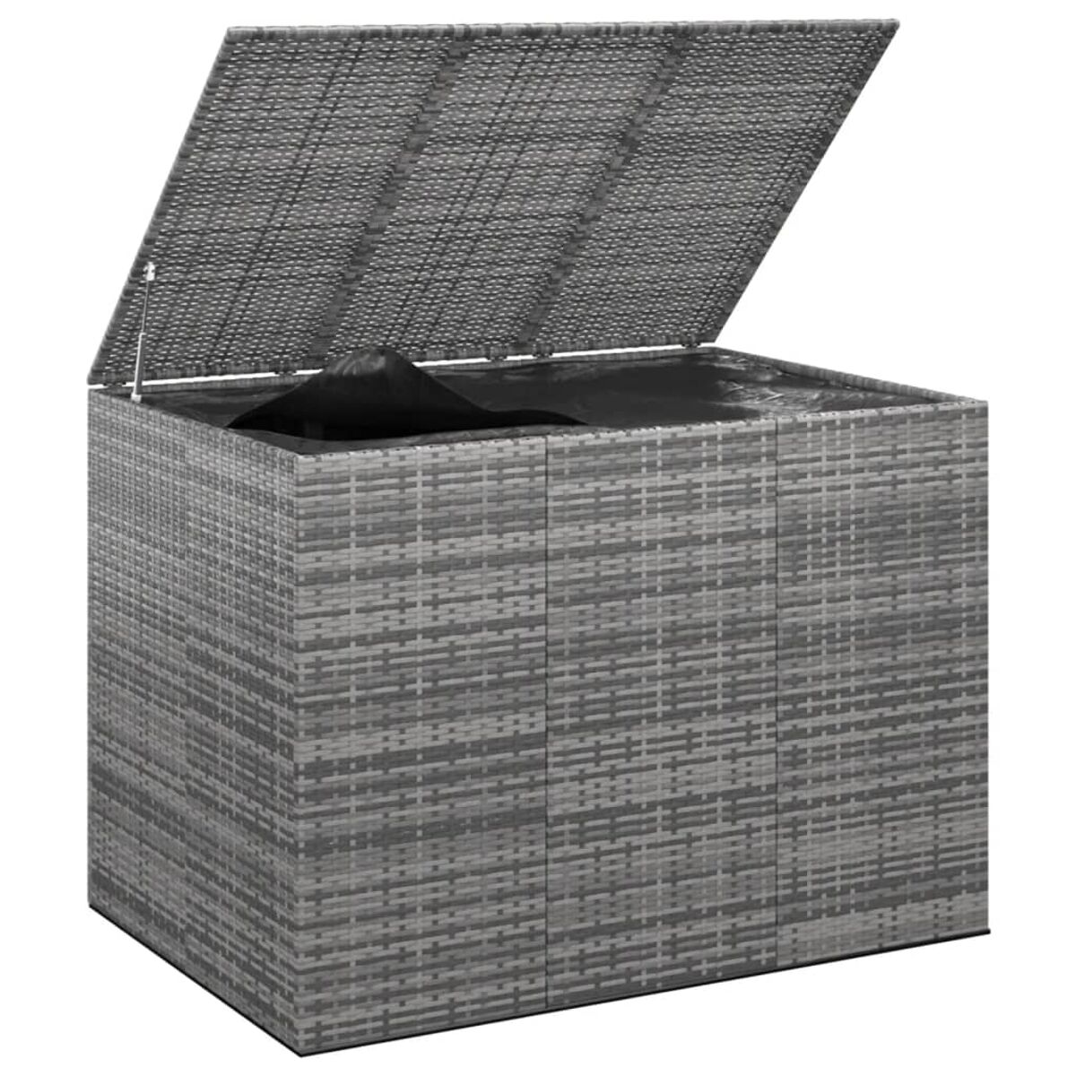 Graue Wicker-Aufbewahrungsbox mit offenem Deckel.
