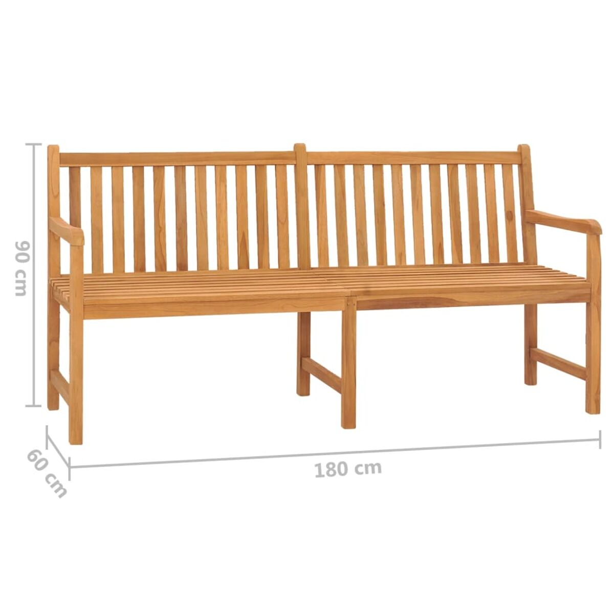 Holzbank mit Rückenlehne und Armlehnen. Maße sind 180x90x60 cm.