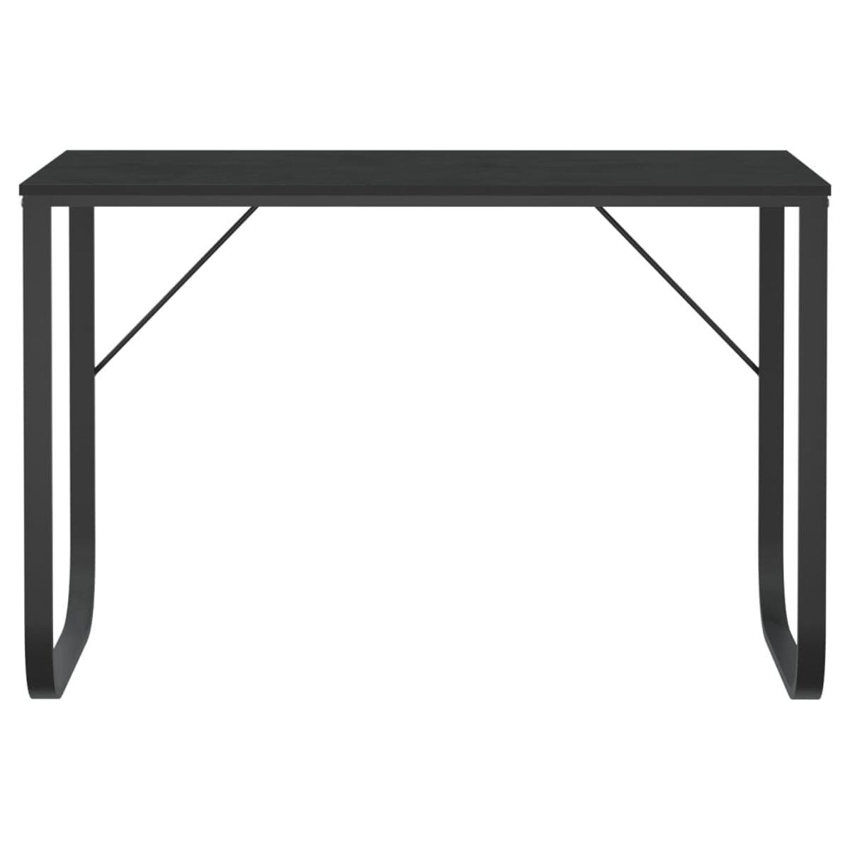 Schwarzer Schreibtisch mit schwarzen Metallbeinen, schlichtes Design auf weißem Hintergrund.