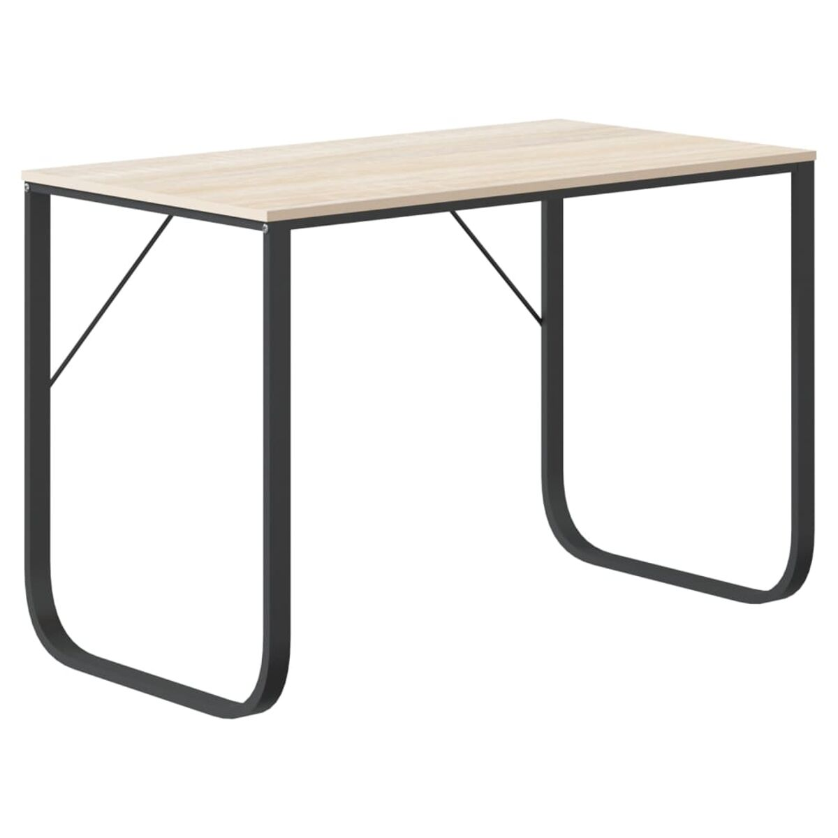 Ein heller Holzschreibtisch mit schwarzen Metallbeinen auf weißem Hintergrund.