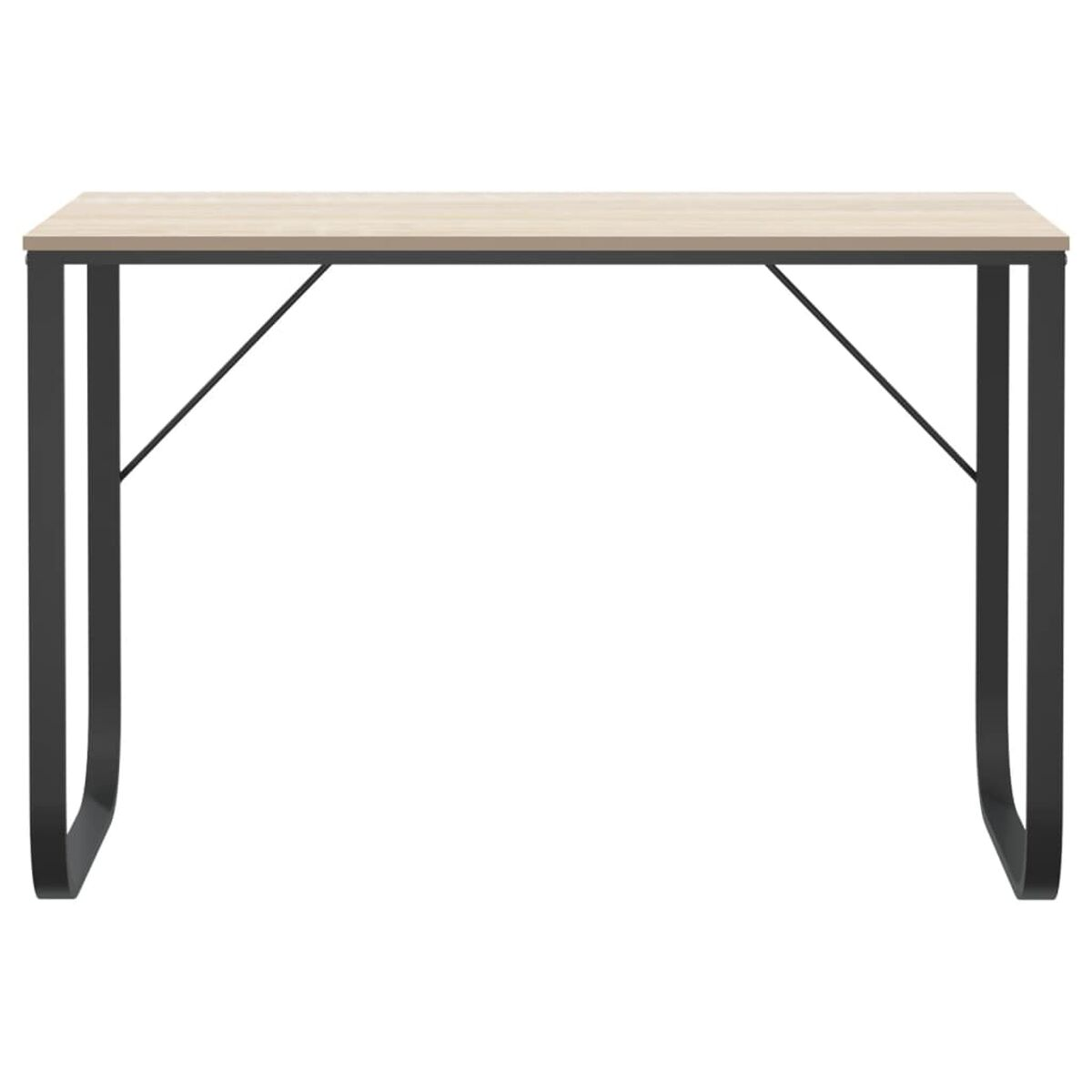 Schwarzer Metallschreibtisch mit hellbrauner Holzplatte. Einfaches Design. Weißer Hintergrund.