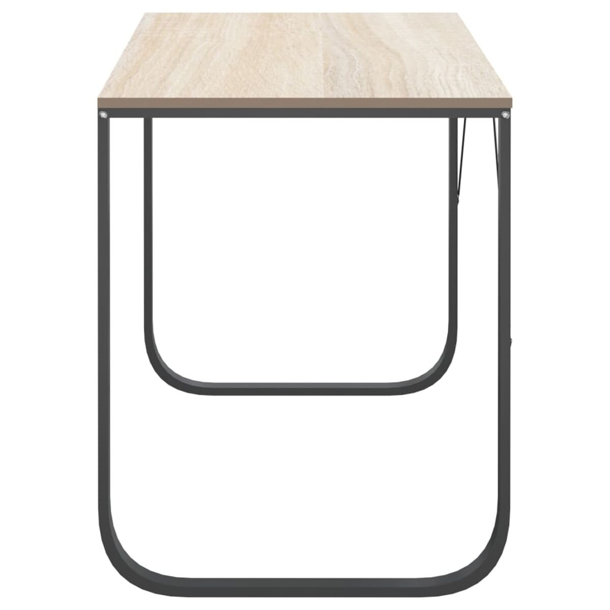 Ein Tisch mit heller Holzplatte und dunklen Metallbeinen, von der Seite betrachtet.