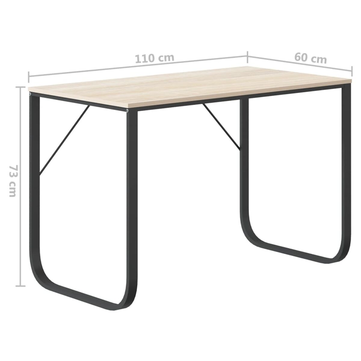 Heller Holzschreibtisch mit schwarzem Rahmen und Abmessungen. Weißer Hintergrund.