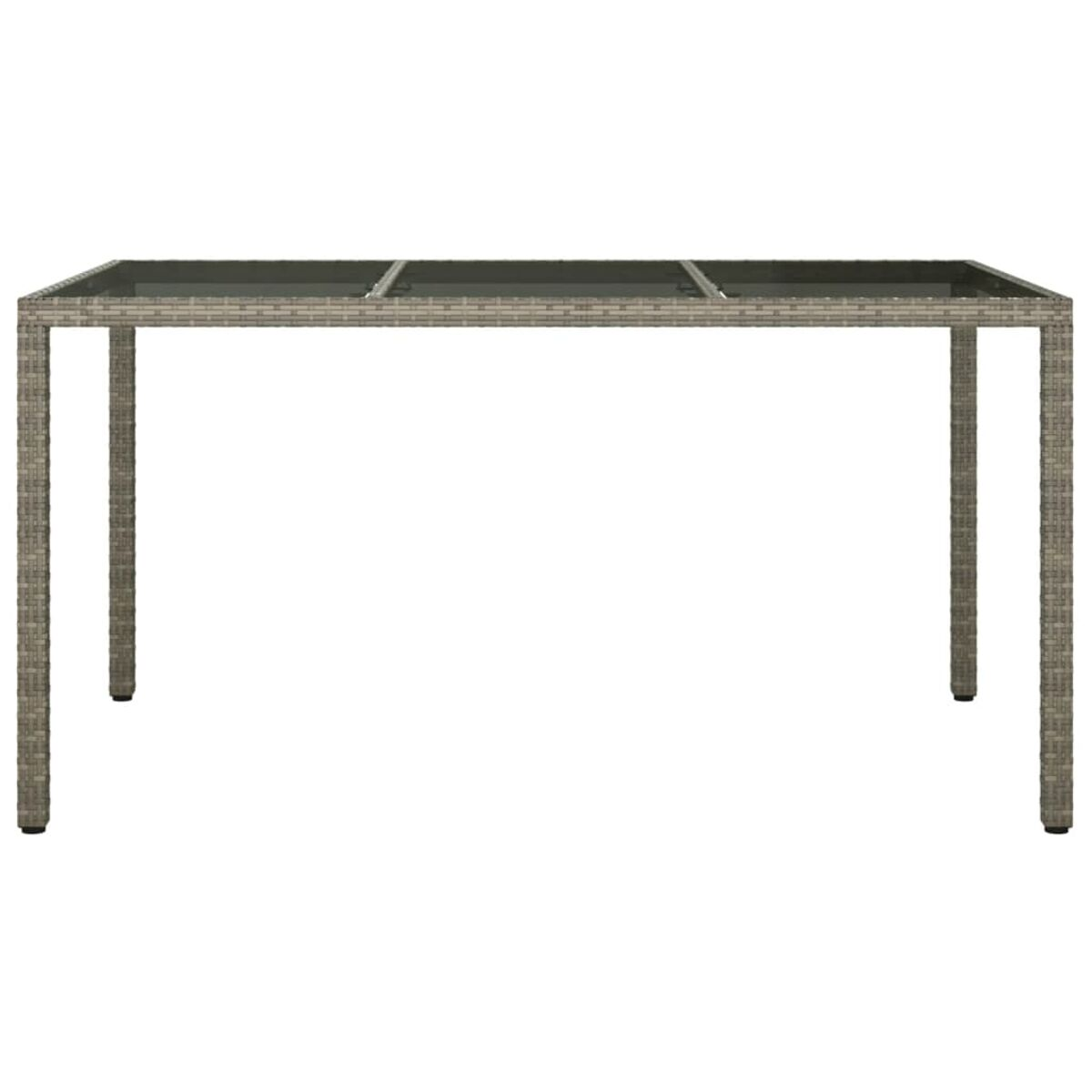 Rechteckiger Outdoor-Tisch mit Korbfüßen und Glasplatte, freigestellt.