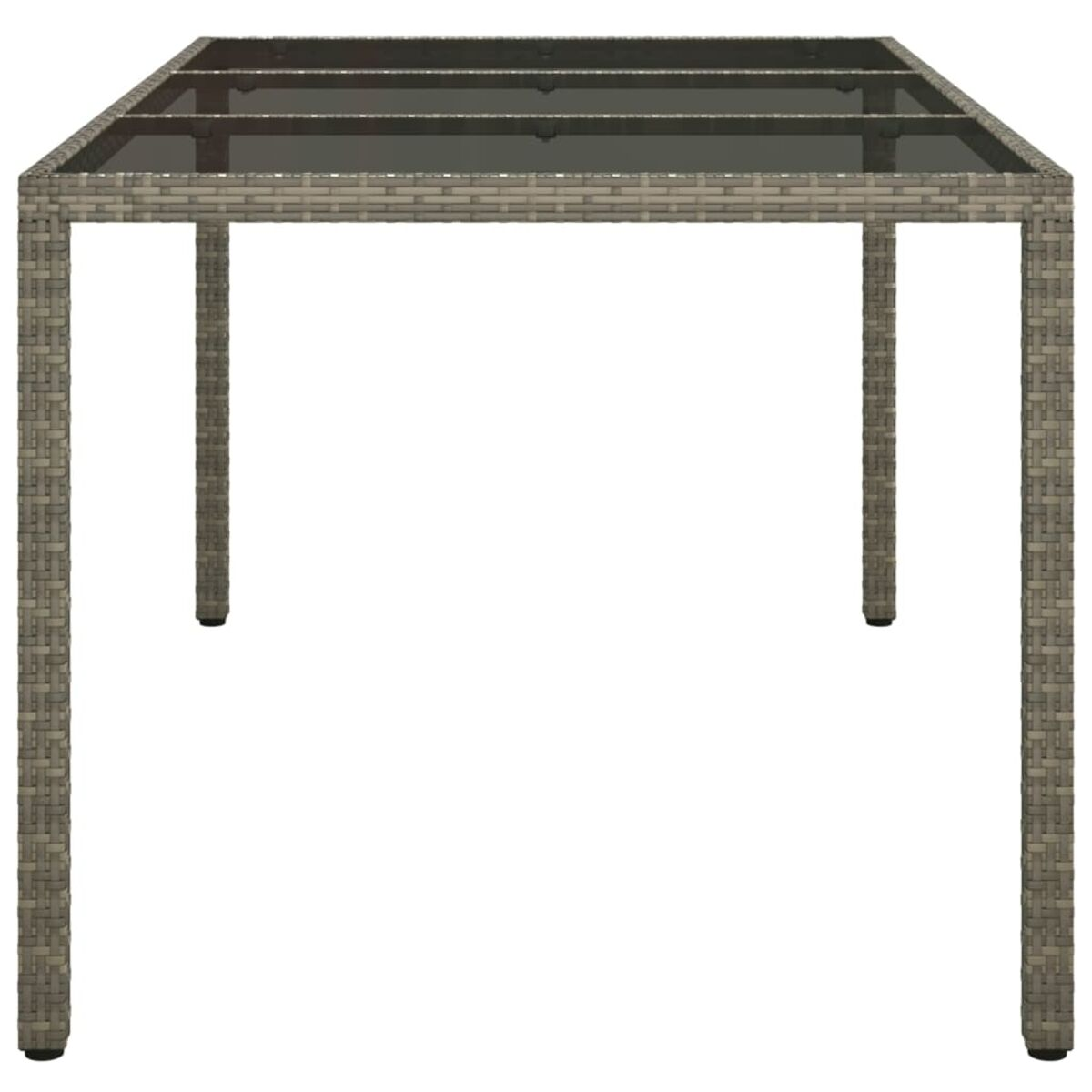 Quadratischer Tisch mit grauem Rahmen und klarer Glasplatte. Geflochtene Seiten, weißer Hintergrund.