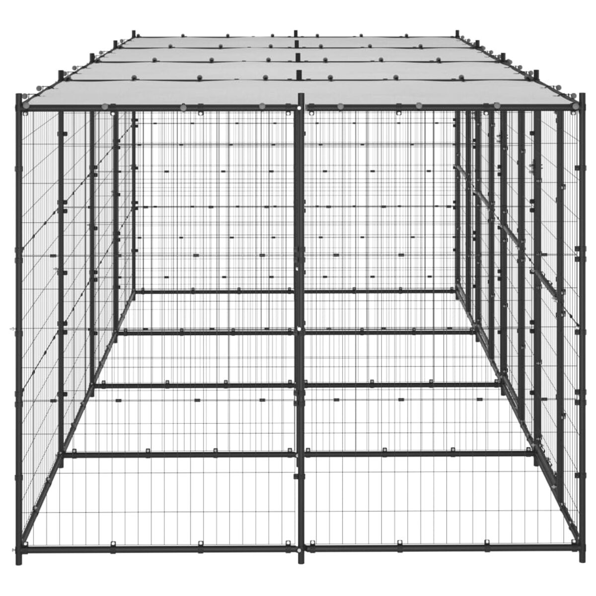 Große schwarze Metall-Hundehütte, rechteckig, mit Seiten und Oberseite aus Drahtgeflecht. Es hat ein Stoffdach.