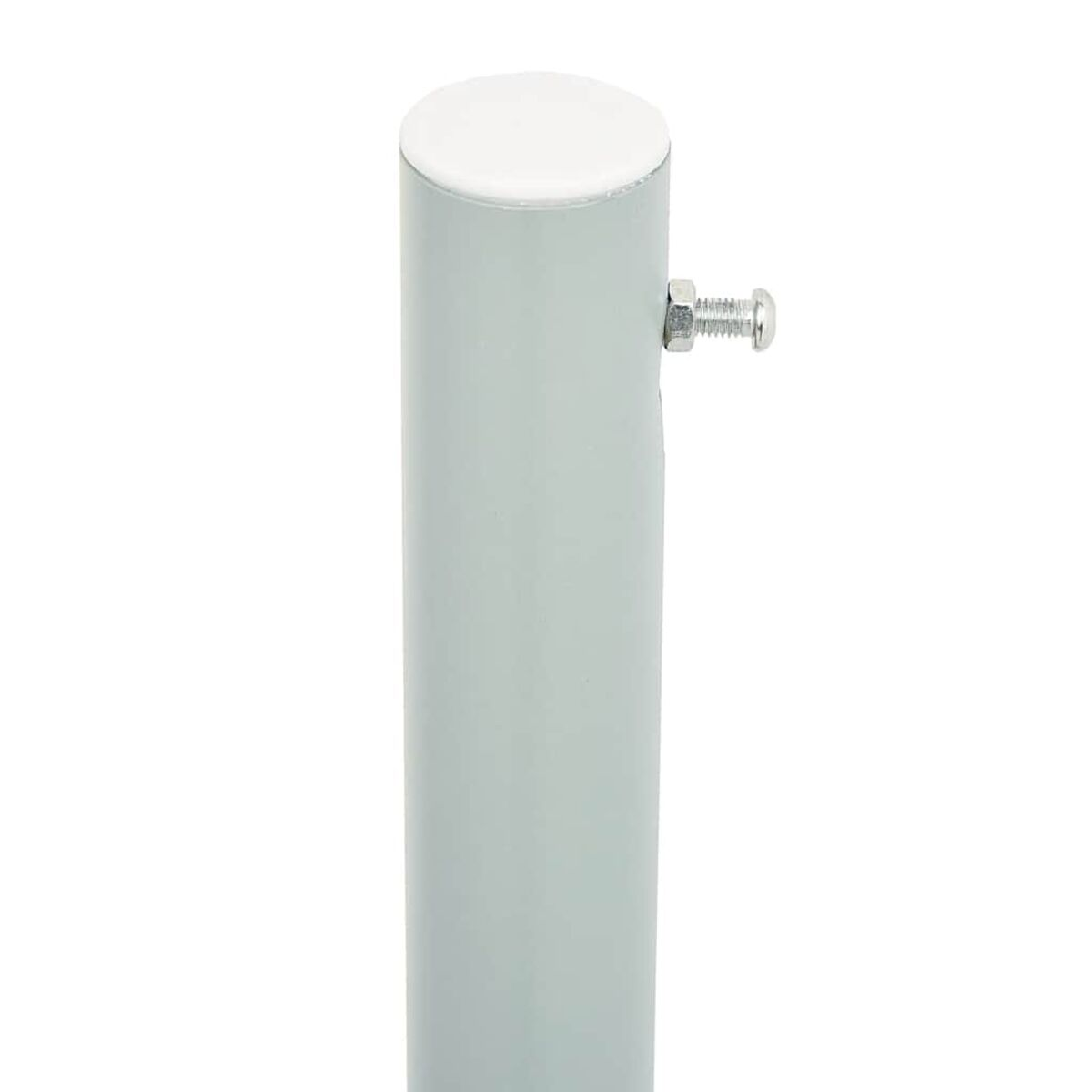 Eine silberne Metallstange mit weißer Kappe. Eine Schraube ist befestigt.