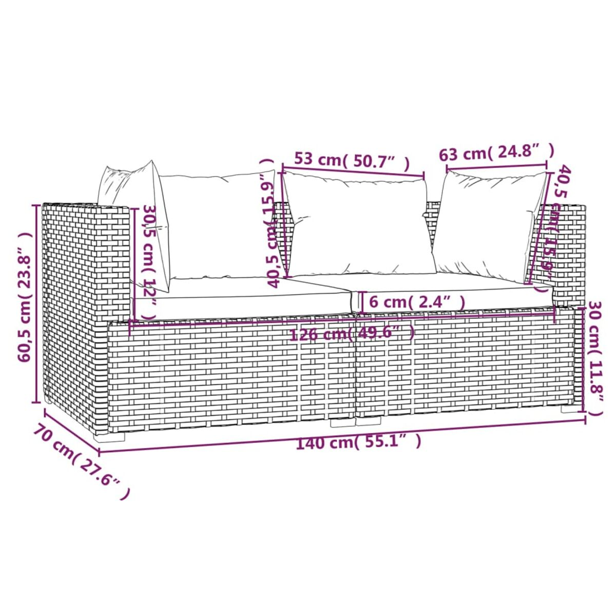 Outdoor-Sofa. Graues Korbgeflecht. Weiße Kissen. Abmessungen in cm werden angezeigt. Perspektivansicht.