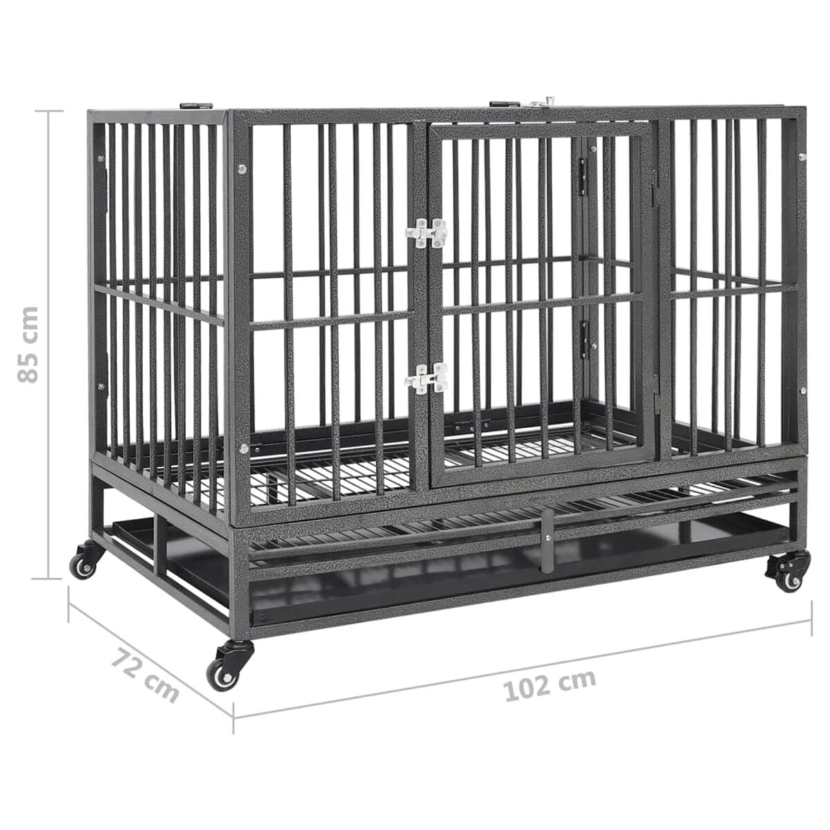 Grauer Metall-Hundekäfig mit Abmessungen. Räder unten.