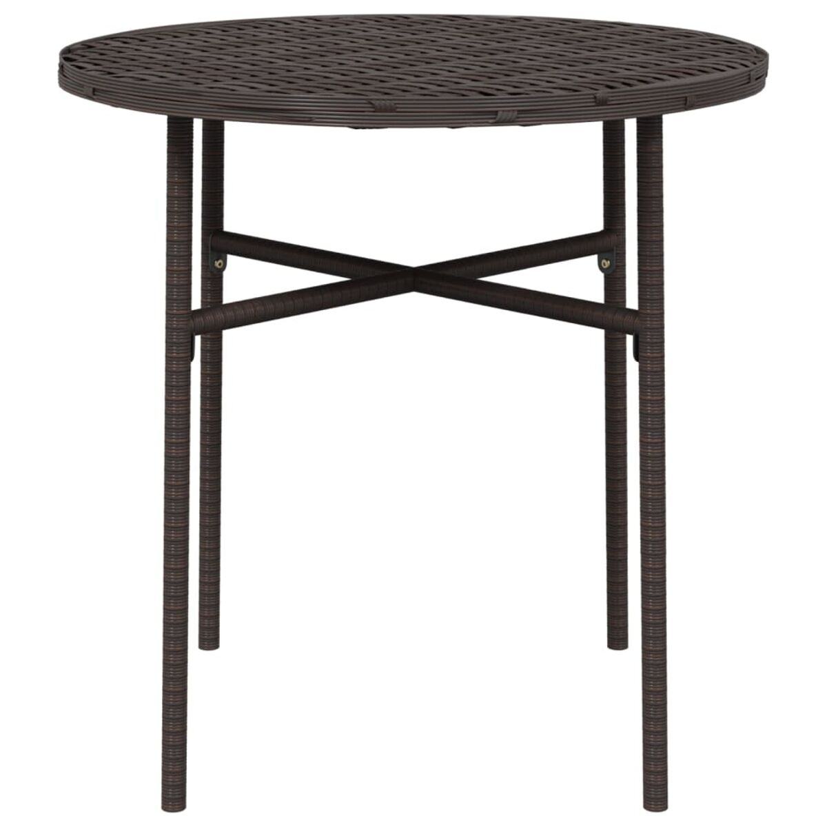 Ein runder, brauner Outdoor-Tisch aus Korbgeflecht mit einem kreuzförmigen Bein-Design. Die Oberseite ist gewebtes Korbgeflecht.