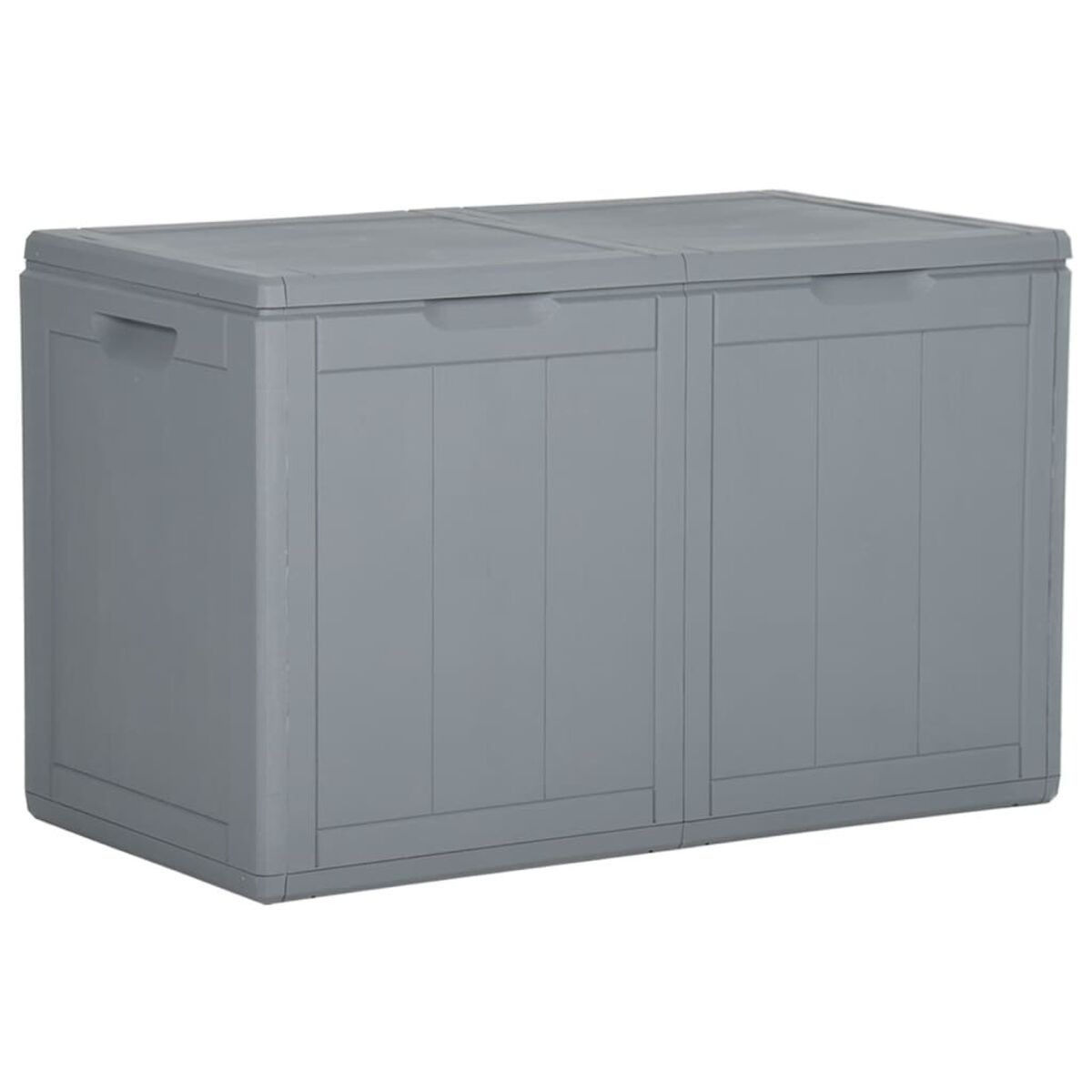 Eine graue Kunststoff-Aufbewahrungsbox mit flachem Deckel und zwei Griffen. Hat ein Panel-Design.