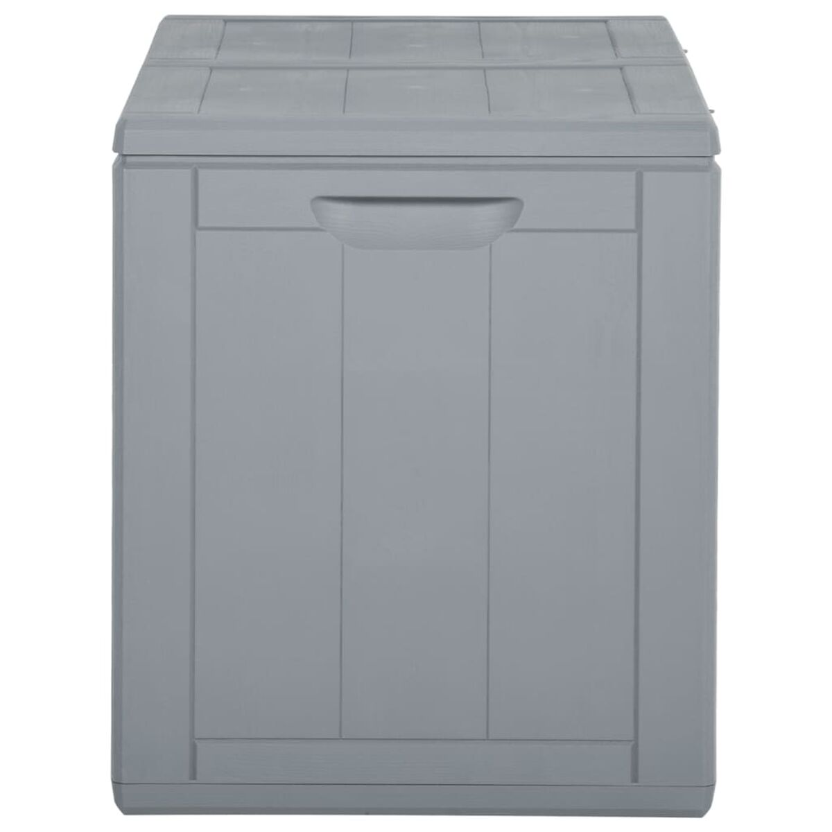 Graue Aufbewahrungsbox mit Griff und geschlossenem Deckel.
