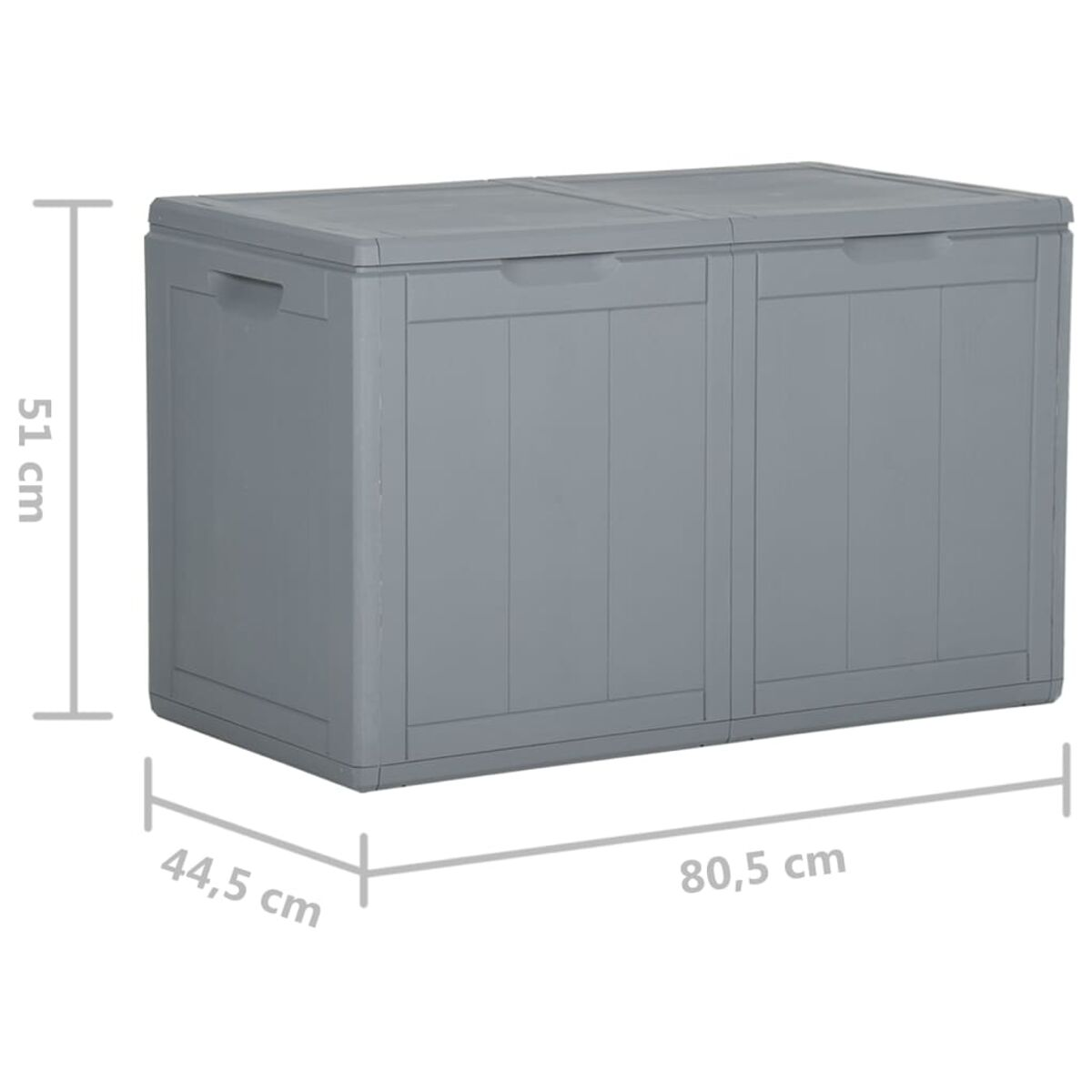 Graue Aufbewahrungsbox, rechteckig, mit Maßangaben. Sie hat einen Deckel und Griffe. Maße: 80,5x44,5x51 cm.