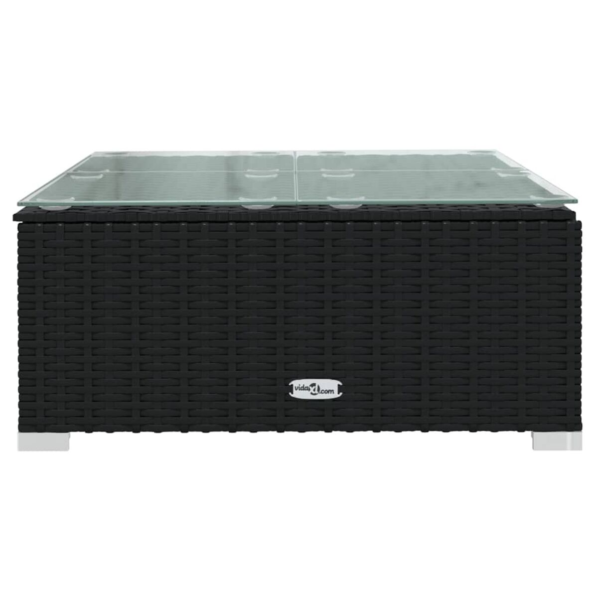 Schwarzer gewebter Outdoor-Couchtisch mit Glasplatte.